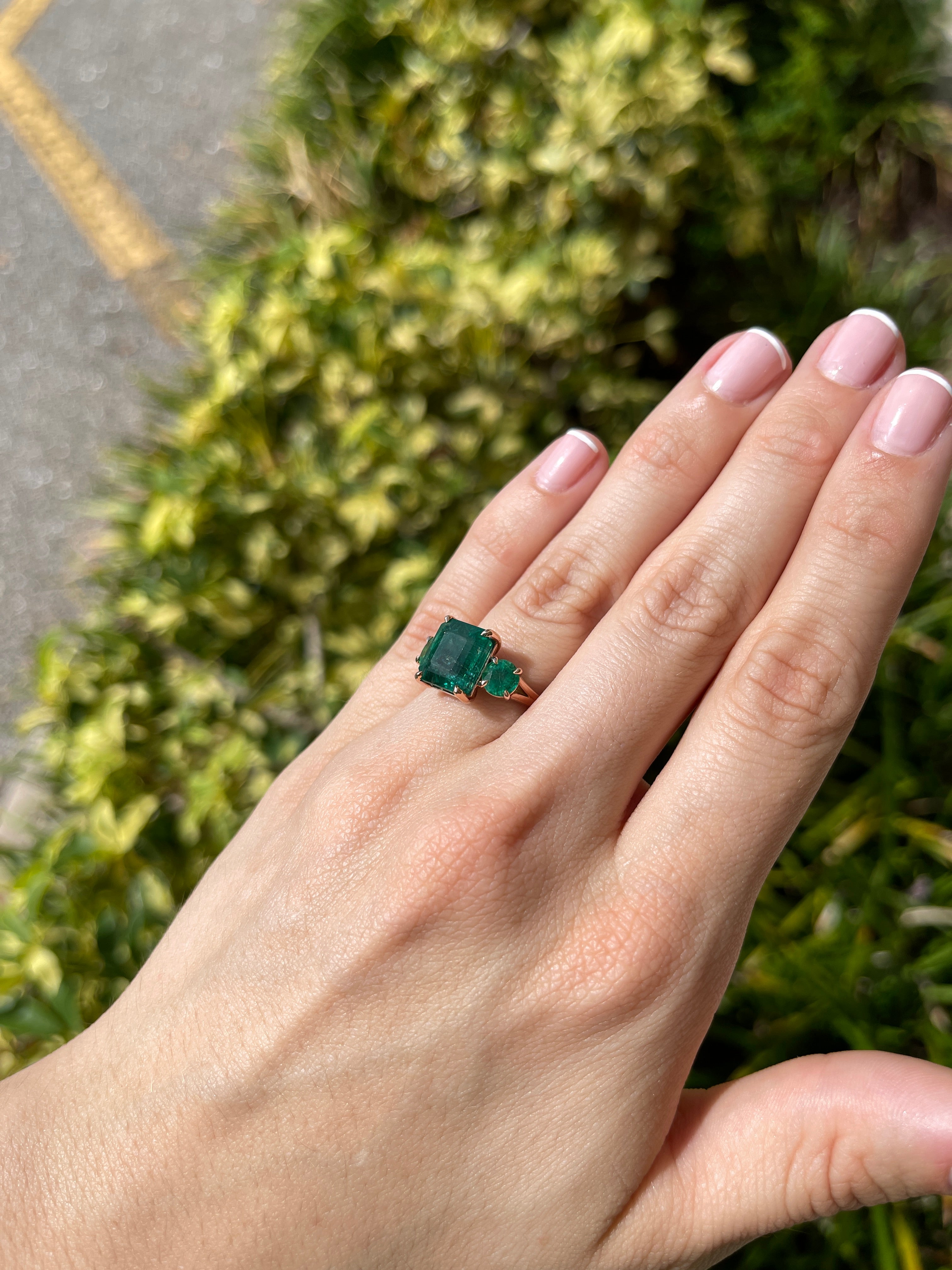 6.90tcw Natural Emerald Gemstone - Emerald Cut & Round Cut Three Stone 14K Rose Gold Engagement Ring for Women | Elegant Wedding, Anniversary & Proposal Jewelry Gift