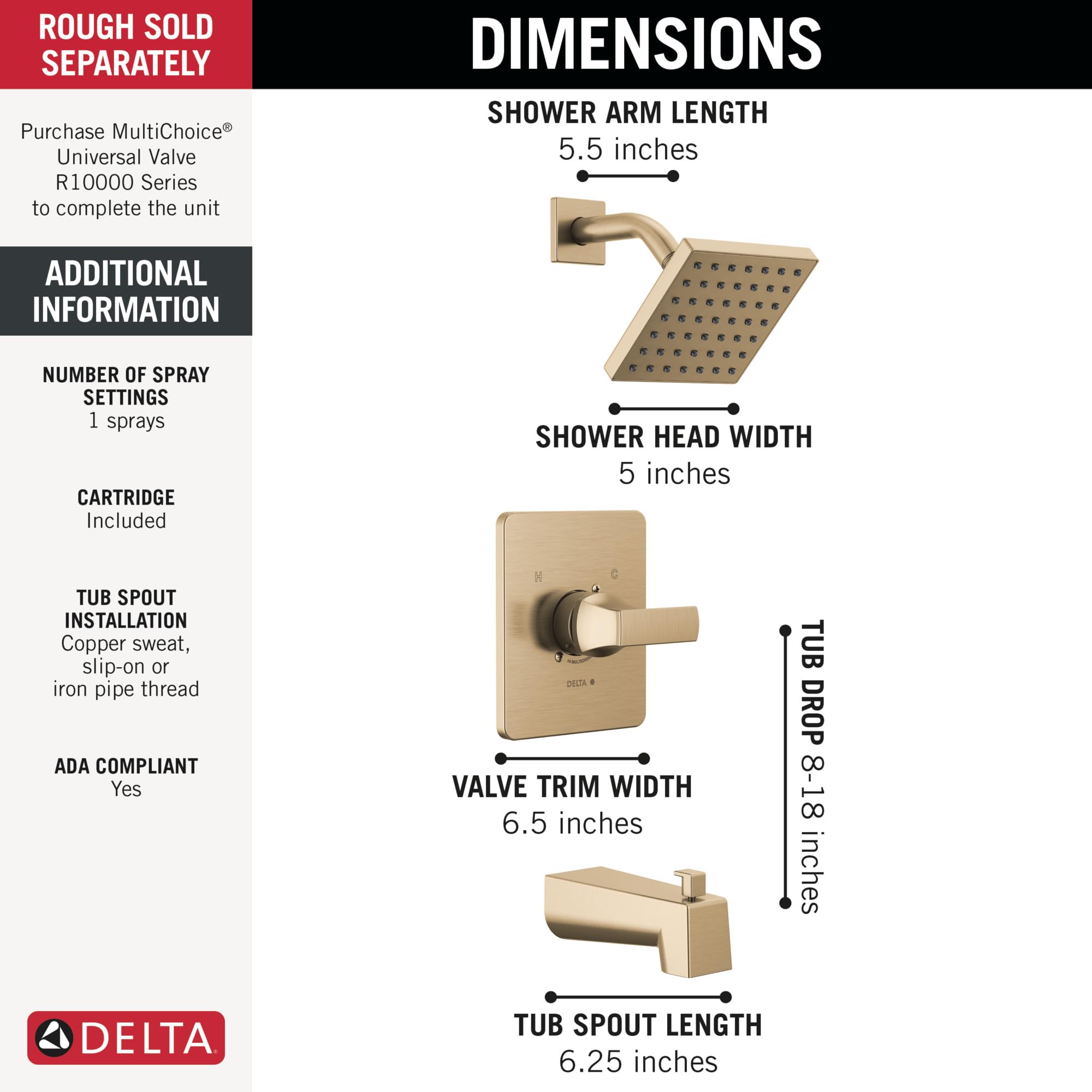 Delta 14 Series Velum Single-Function Tub and Shower Faucet Set in Champagne Bronze - T14437-CZ Shower Trim Kit with Handle (Valve Not Included) | Bathroom Upgrade for Modern Homes, Luxury Spa Experience