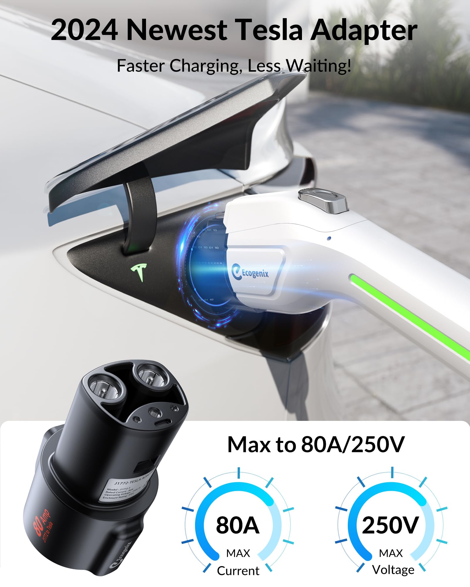 J1772 to Tesla Charger Adapter (80A 250V Max) - Compatible with Tesla Model Y/3/X/S/Cybertruck - Fast & Safe EV Charging Accessory for J1772 Stations - Perfect for Home, Work & Public Charging