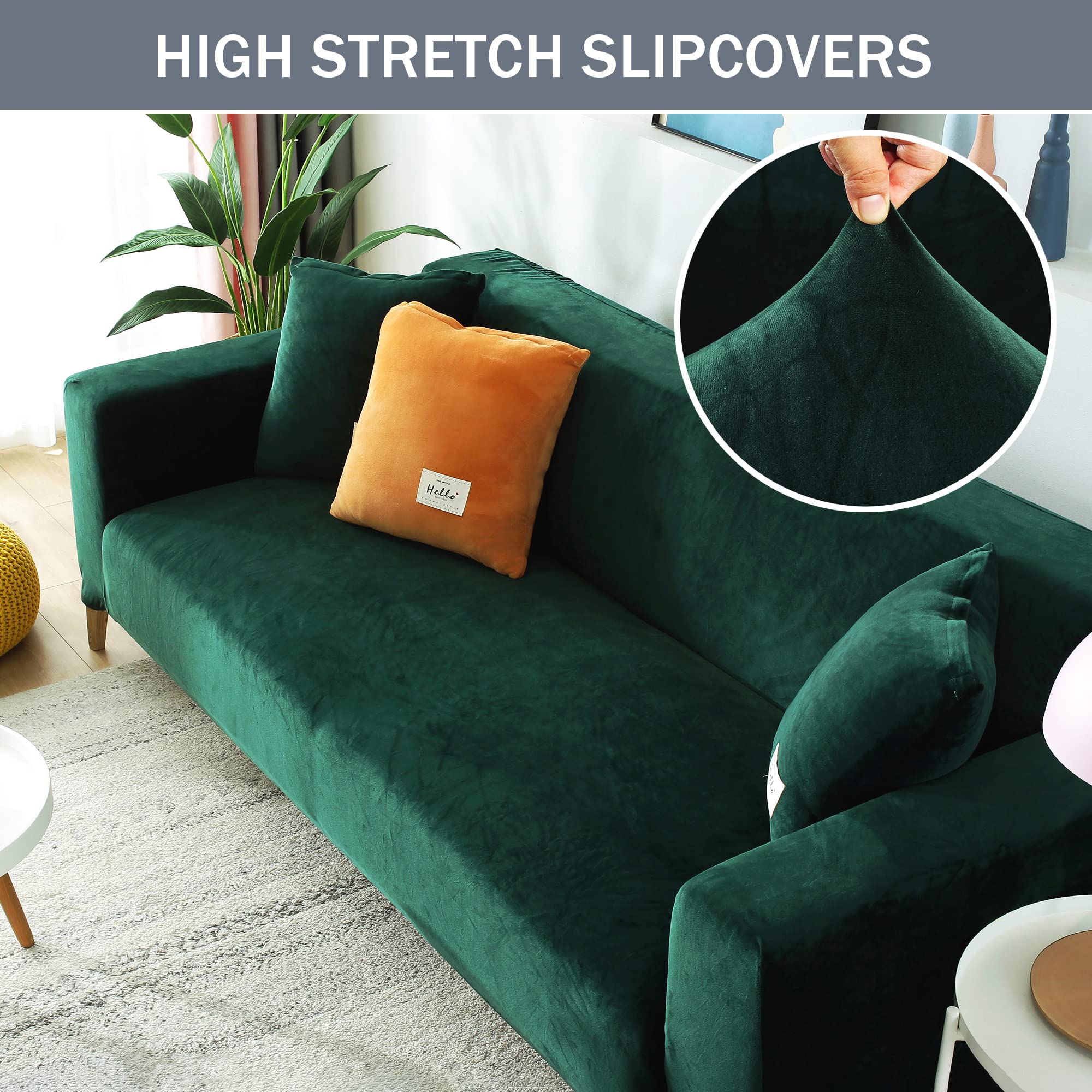 Stretch Velvet Sofa Slipcover - Soft Furniture Protector with Pillowcase for Pets & Kids (X-Large, Dark Green) | Perfect for Living Room, Family Room & Pet-Friendly Homes