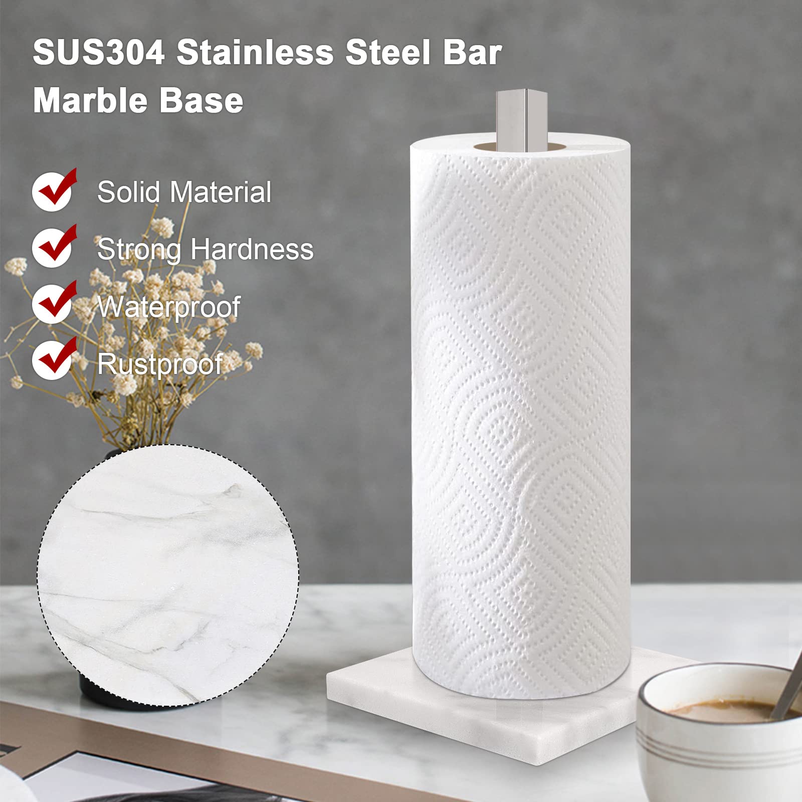 NearMoon Stainless Steel Standing Paper Towel Holder with Marble Base - Chrome Finish for Standard & Jumbo Rolls | Modern Kitchen & Bathroom Countertop Organizer | Perfect for Cooking, Cleaning & Home Decor