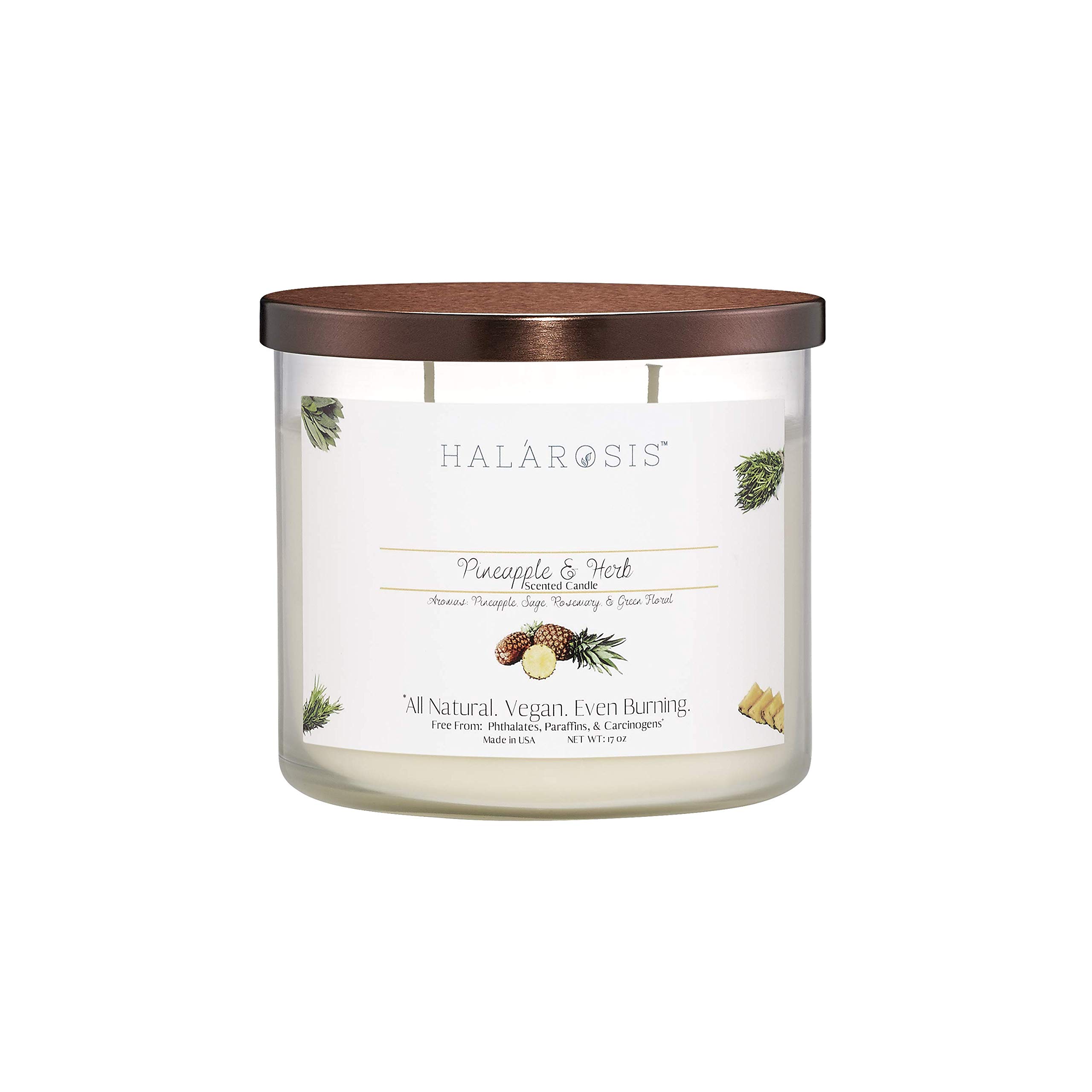 Halarosis Premium Soy Candles - 60-Hour Long Burning Pineapple & Herb Scented Candle (17 oz) with Cotton Wick - Perfect for Home Fragrance, Birthday Gifts, Housewarming & Special Occasions - Ideal for Living Room, Bedroom, Spa Relaxation & Romantic Dinners