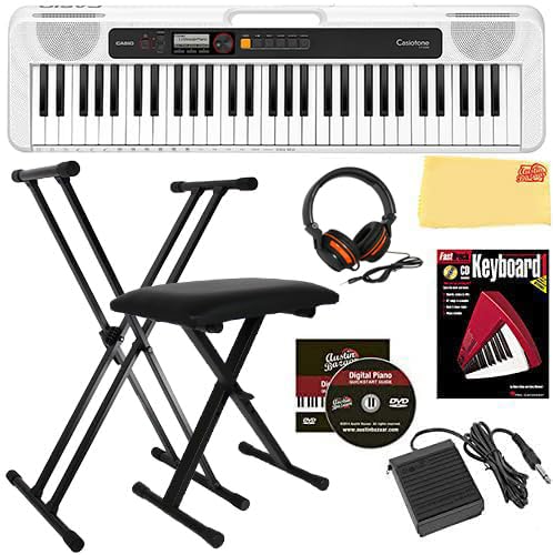 Casio Casiotone CT-S200 61-Key Portable Keyboard Piano - White Bundle with Stand, Bench, Headphones & Accessories for Beginners | Home, Studio & Travel Use
