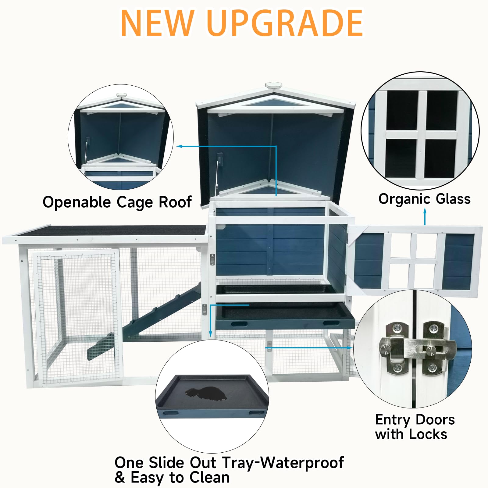 Weatherproof Large Outdoor Rabbit Hutch & 2-Story Chicken Coop - Wooden Bunny Cage with Waterproof Roof, No-Leak Tray & Pull-Out Tray (56.8