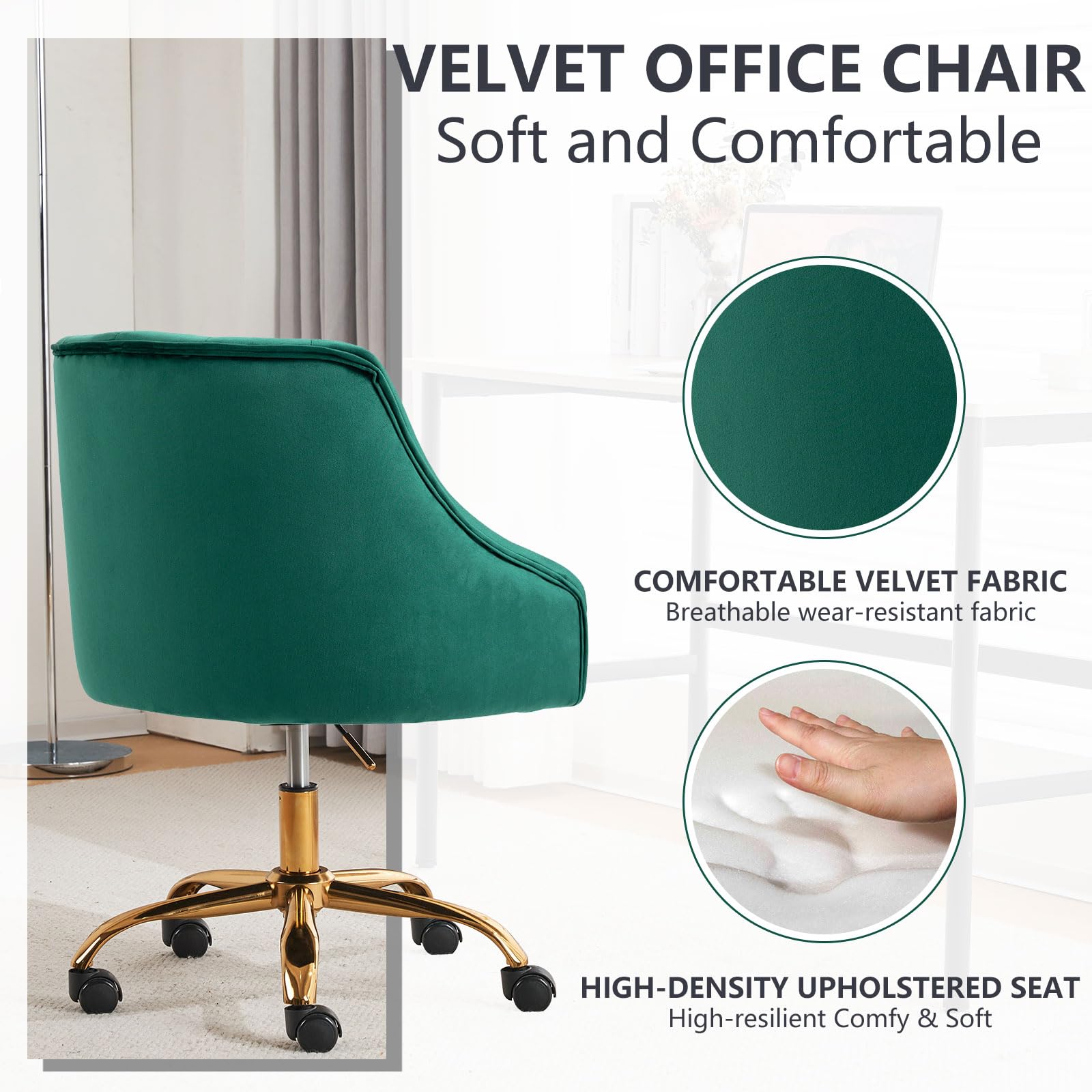 MOJAY Velvet Office Swivel Chair - Luxurious Fabric Desk Chair with 360° Rotation & Height Adjustment, Elegant Gold Base - Perfect for Home Office, Reception Areas & Vanity Desks (Green)