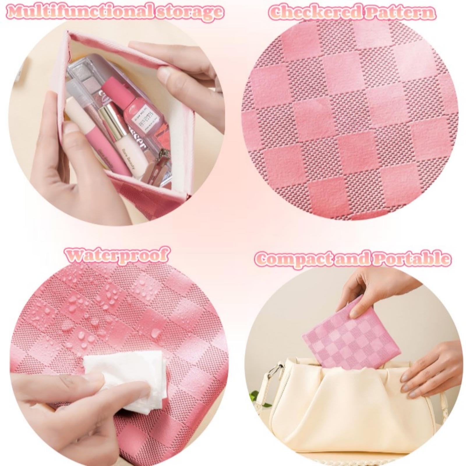 LYDZTION 2-Piece Pink Waterproof Makeup Bag Set for Women | Checkered Cosmetic Travel Toiletry Organizer | Cute Small Aesthetic Storage Pouch | Perfect for Travel, Gym & Daily Essentials Organization