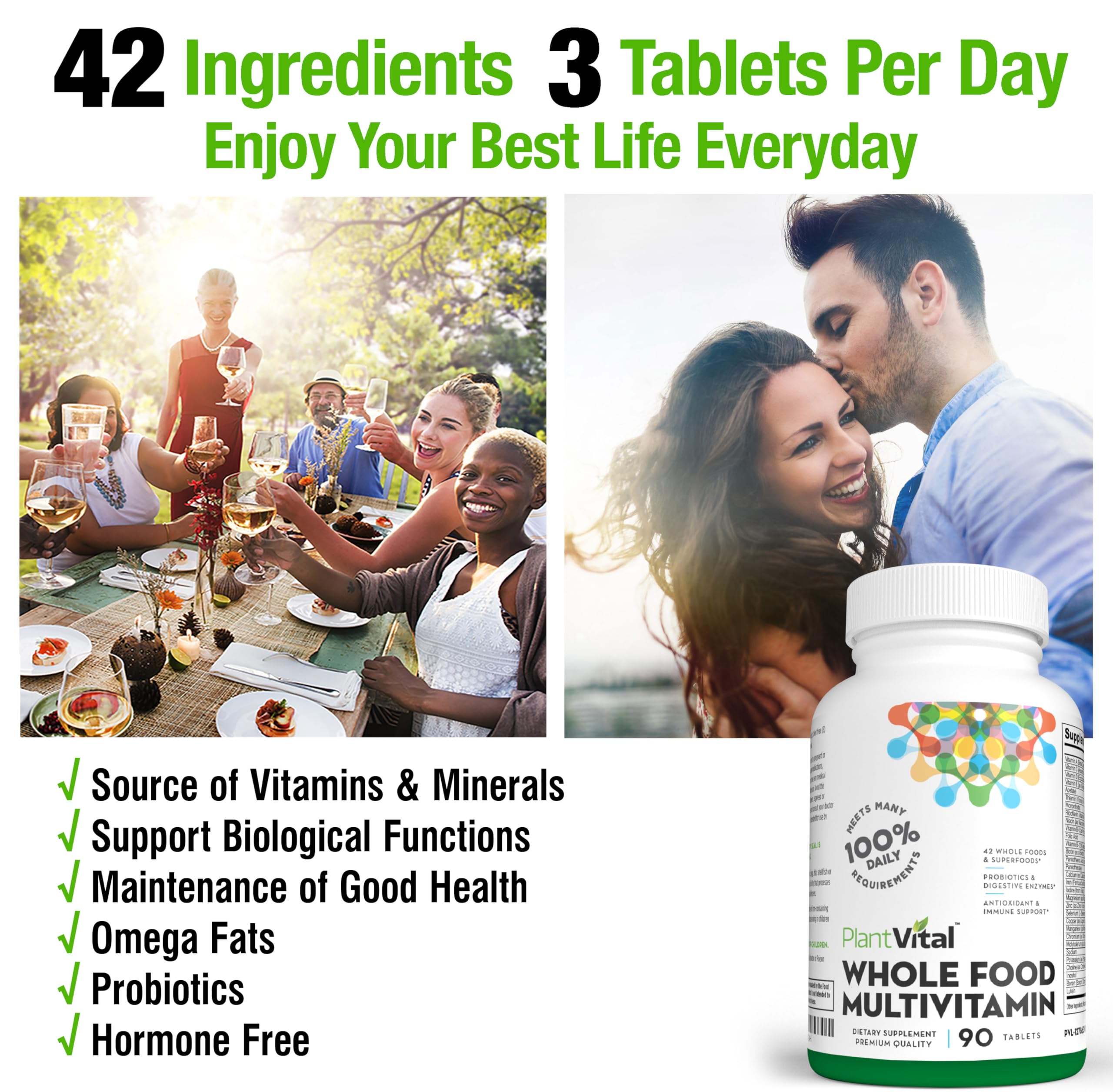 Plantvital Whole Food Multivitamin - 270 Tablets with 42 Superfoods, Raw Vegetables & Fruits for Natural Energy | Daily Supplement for Men & Women | Supports Immune Health & Vitality