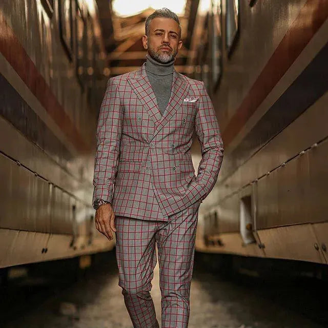 Stylish Red Plaid Double Breasted Two-Piece Suit for Men - Perfect for Weddings, Business Meetings & Formal Events