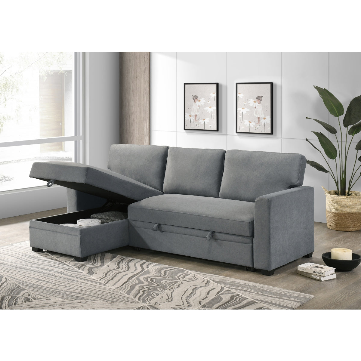 2-Piece Grey Sectional Sofa with Pull-Out Sleeper & Reversible Storage Chaise - Modern L-Shaped Couch for Small Spaces, Living Room, Apartment, and Home Theater Comfort