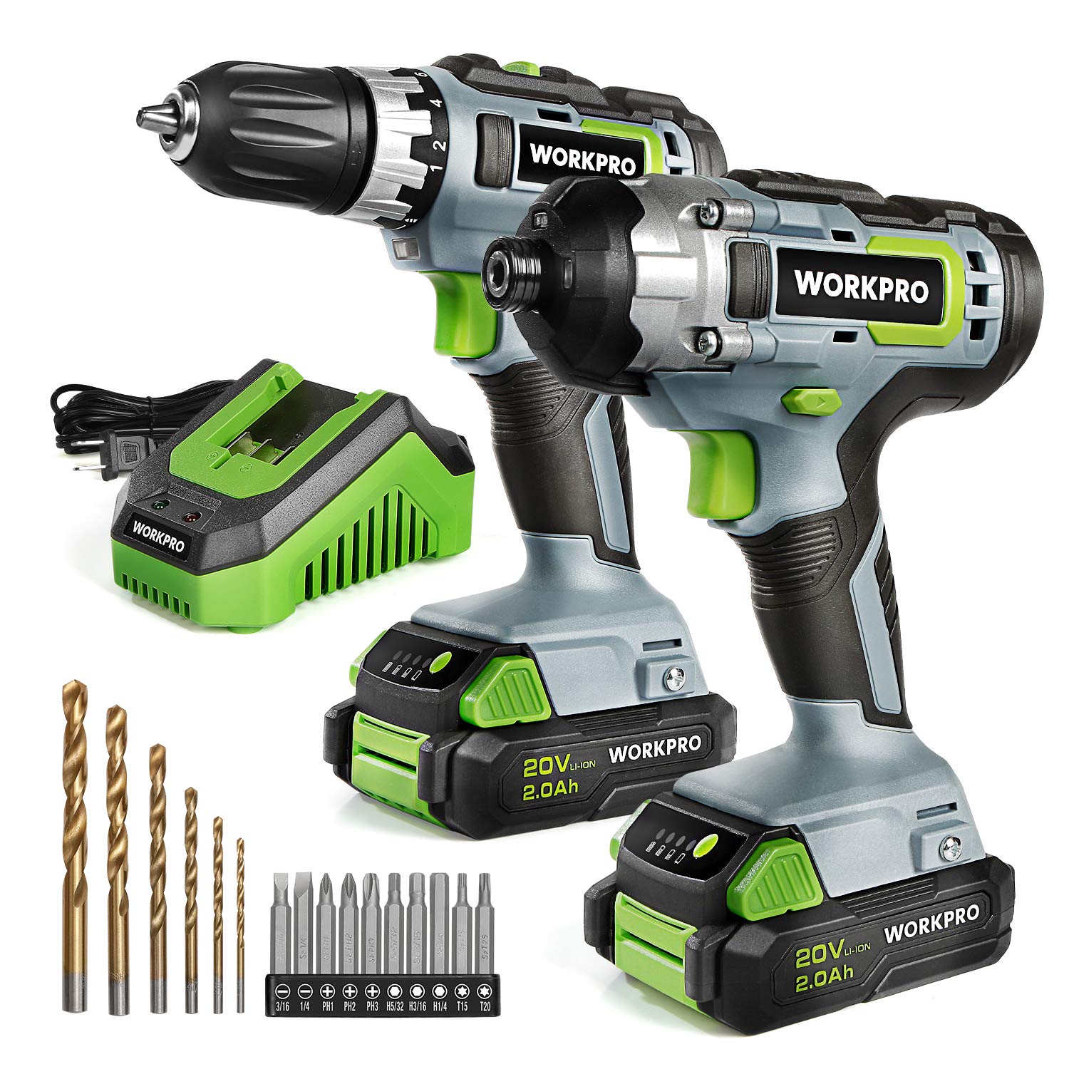 WORKPRO 20V Cordless Drill and Impact Driver Combo Kit with 2x 2.0Ah Batteries, Fast Charger - Perfect for DIY Projects, Home Repairs, and Professional Construction Work