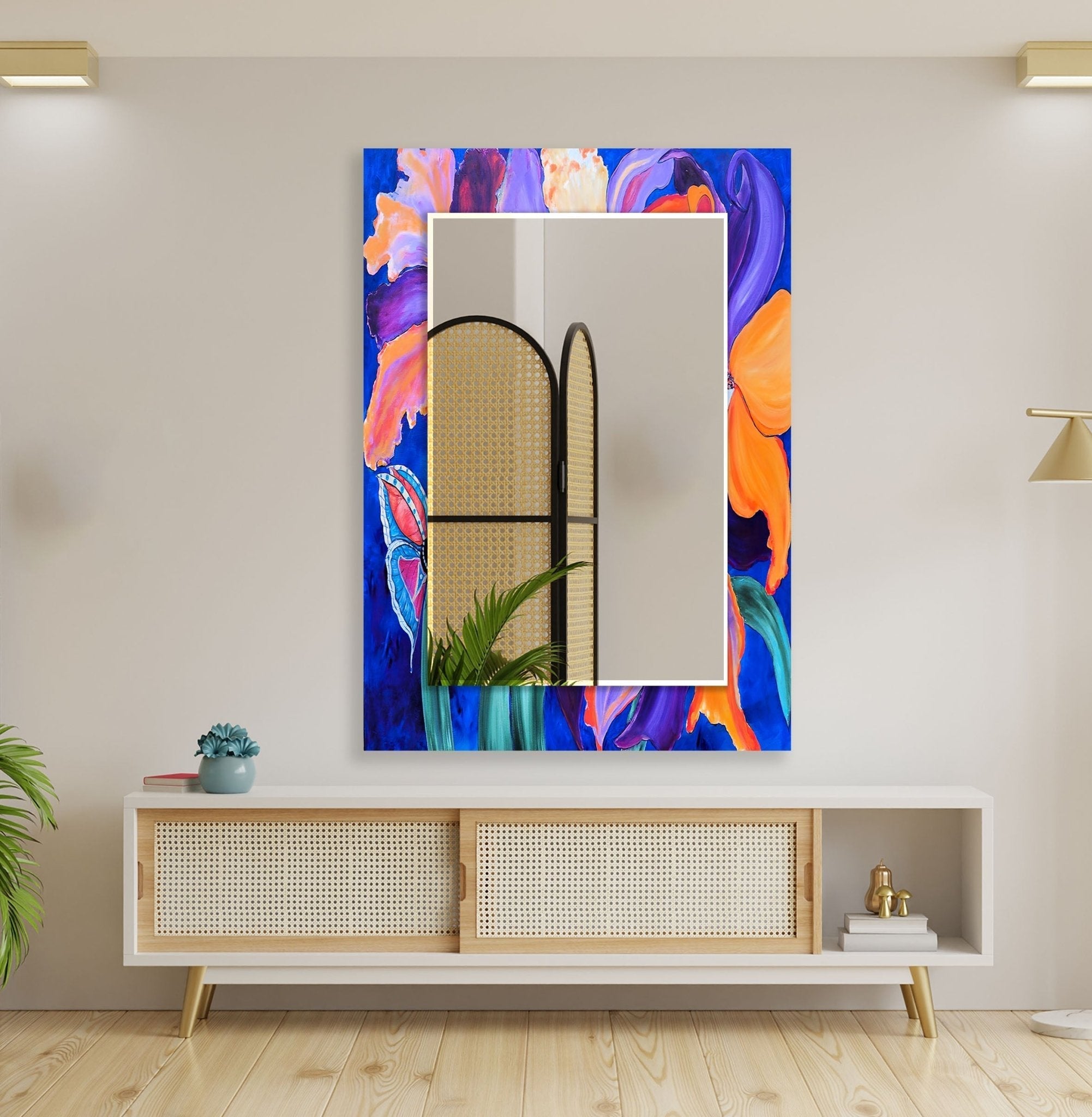 Abstract Purple Flower Painting Wall Mirror - Elegant Home Decor for Living Room, Bedroom & Bathroom | Perfect for Modern & Bohemian Interior Design