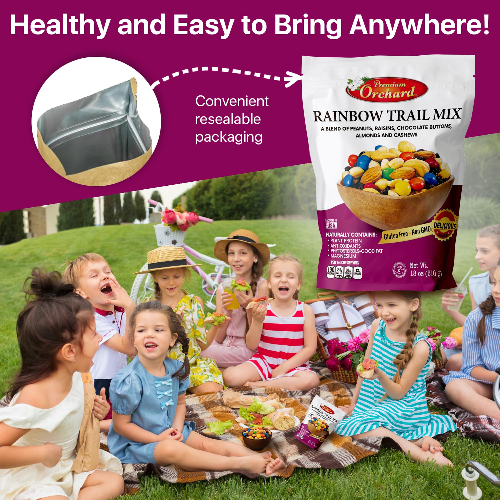 Premium Orchard Rainbow Trail Mix - Healthy Snack Pack with Peanuts, Raisins, Cashews, Almonds & Chocolate Buttons | Gluten-Free, Heart-Healthy Mixed Nuts for Adults & Kids | Perfect for Hiking, School Lunches & Office Snacks