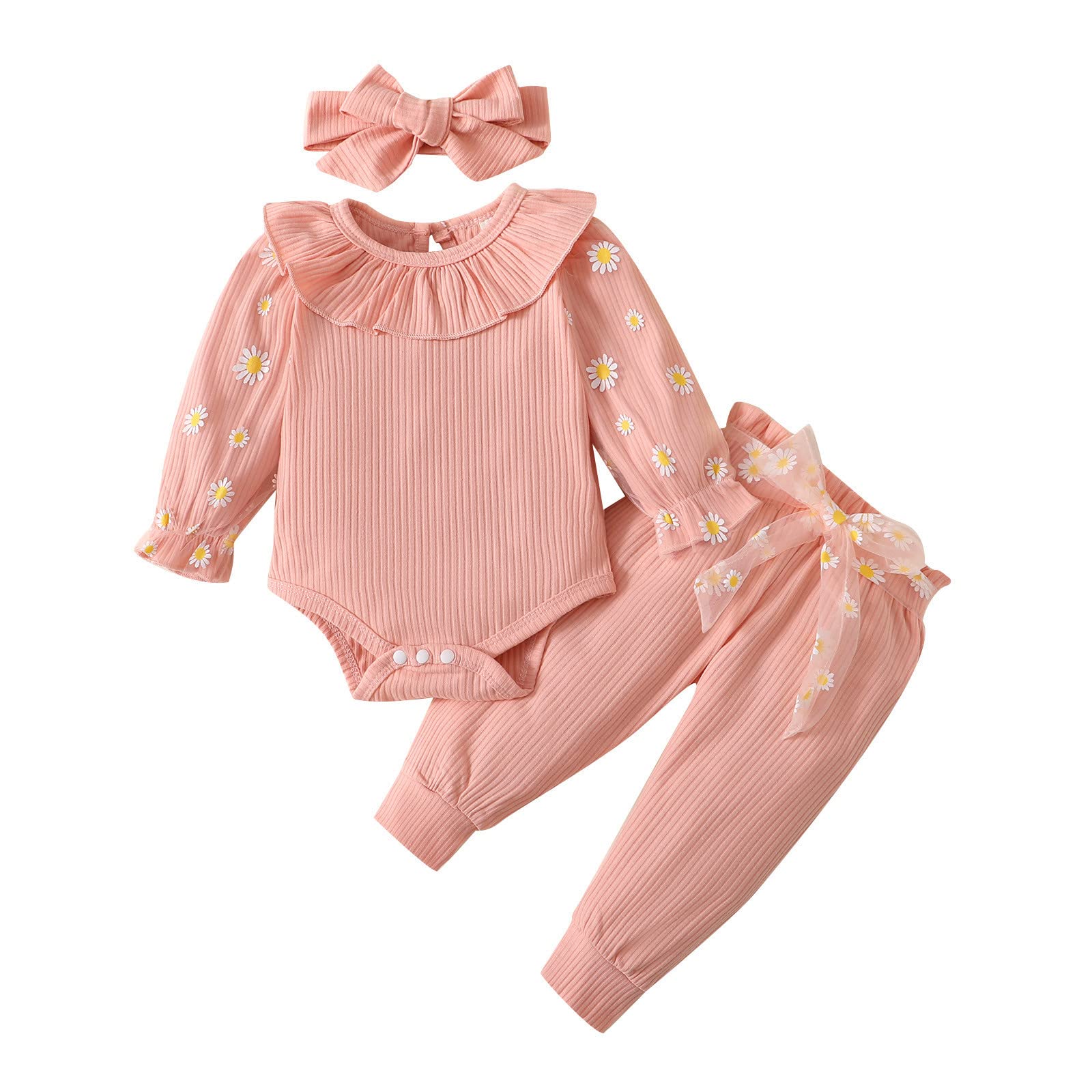 Infant Girls Outfits Set - Ruffled Long Sleeve Ribbed Romper Bodysuit with Floral Printed Pants & Headband | Cute Baby Girl Clothes for Photoshoots, Parties & Daily Wear