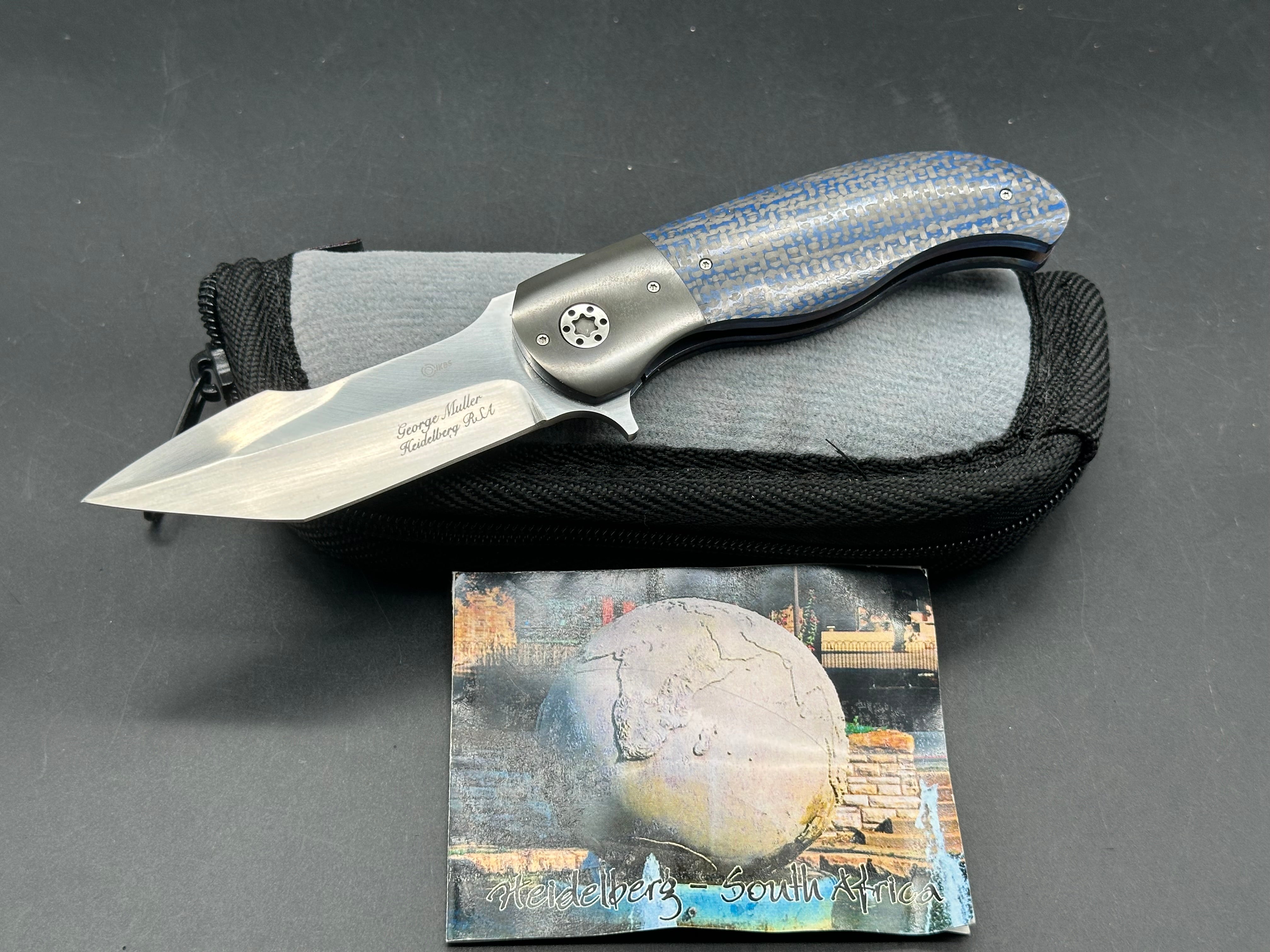 Custom George Muller LL AA Folding Knife - M690 Satin Blade, Blue Lightning Strike Carbon Fiber Scales - EDC, Outdoor, Camping, Survival Gear