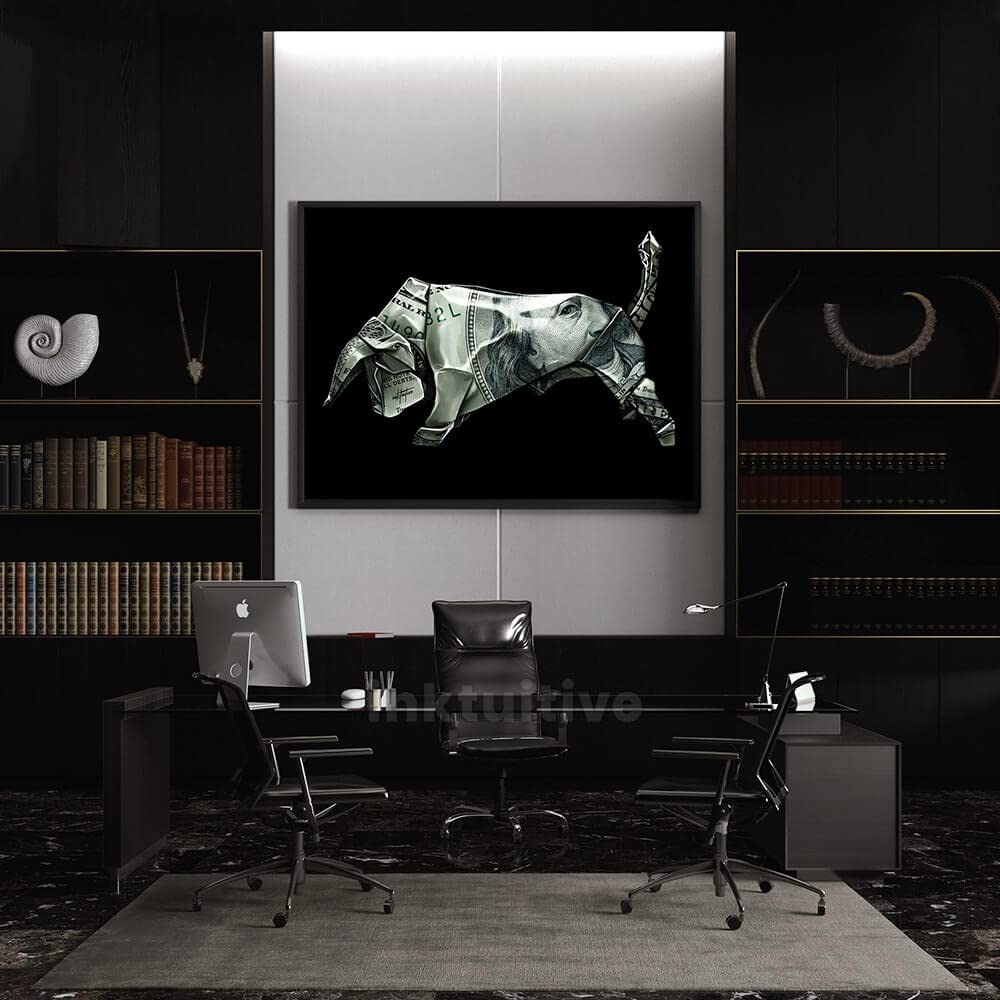 Inktuitive Bull Origami Money Wall Art - Motivational Office Decor, Canvas Print for Home & Business, 16x12 Inches (Frameless) - Perfect for Living Room, Bedroom, or Workspace Inspiration