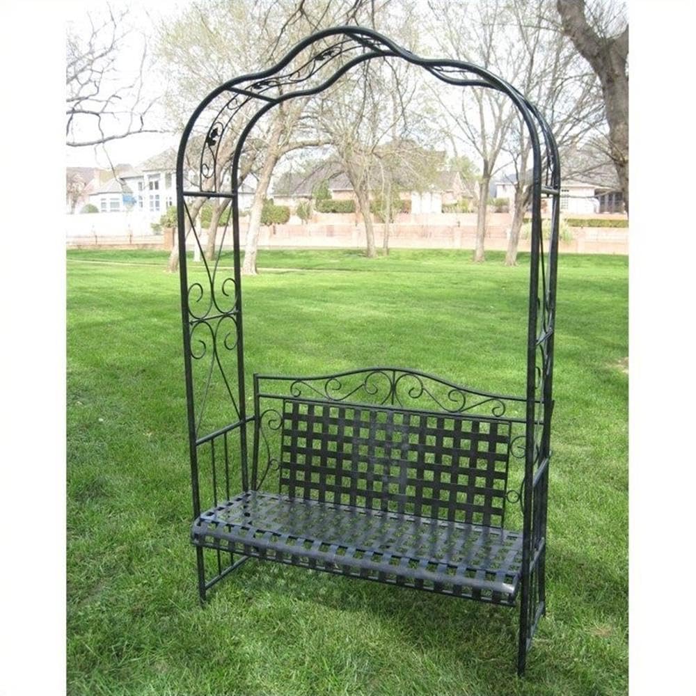 Pemberly Row Iron Patio Arbor Bench in Antique Black - Outdoor Garden Seating for Backyard, Patio, and Lawn Decor - Perfect for Relaxing and Entertaining