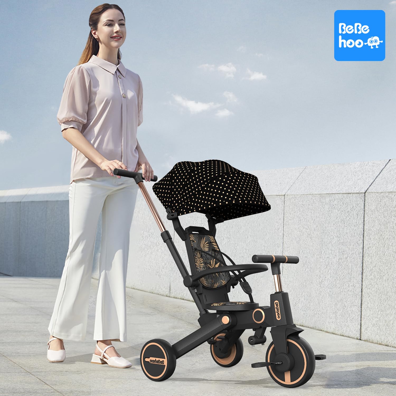7-in-1 Foldable Tricycle Stroller for Toddlers 1-5 Years - Adjustable Kids Balance Bike with Push Handle, Safe Baby Tricycle for Outdoor Play, Park Rides & Neighborhood Walks (Gold)