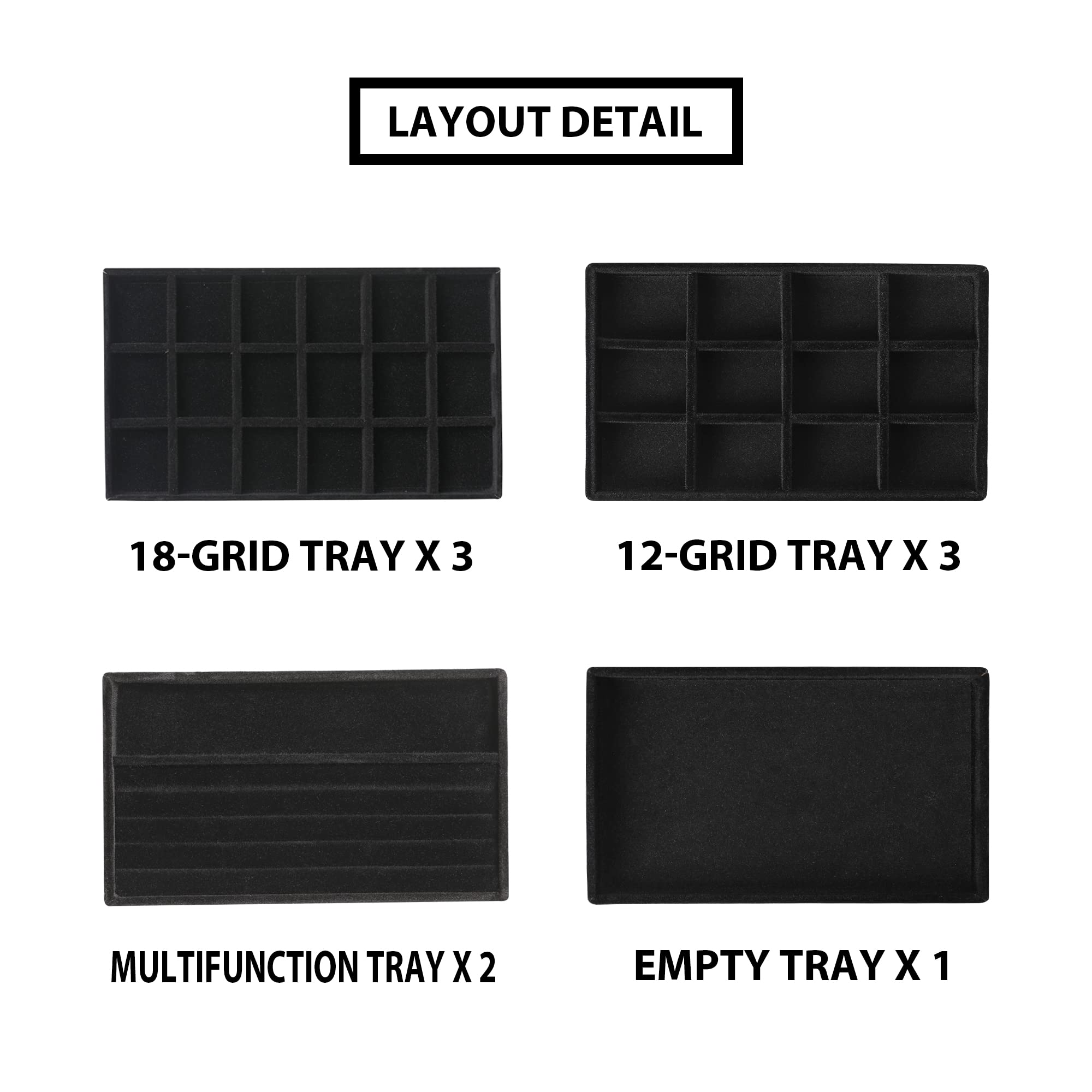 Frebeauty Stackable Velvet Jewelry Organizer Tray Set - 9-Piece Black Drawer Inserts for Earrings, Rings, Necklaces & Studs | Women's Jewelry Storage & Display Solution for Bedroom, Dresser & Travel