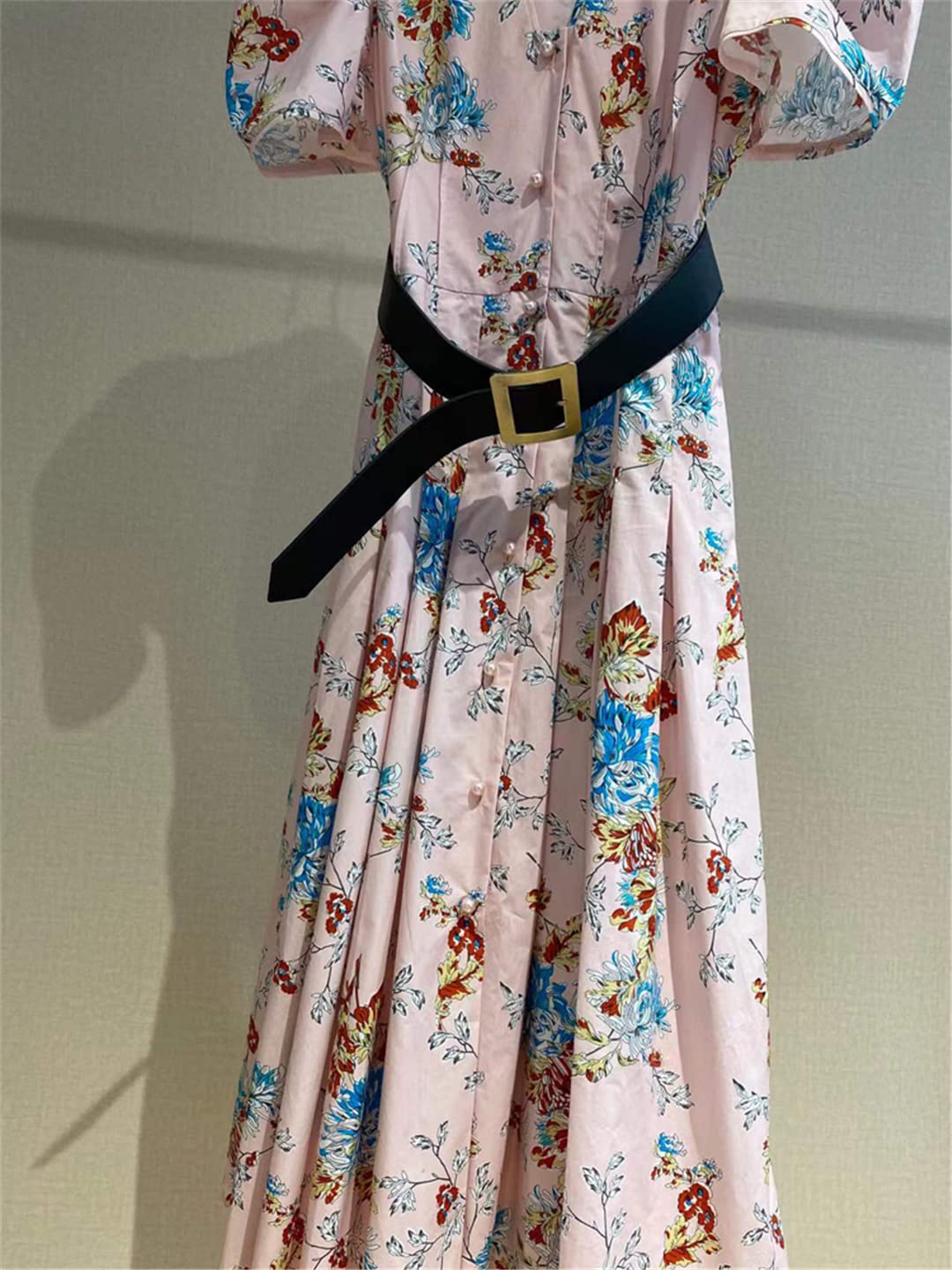 100% Cotton Women's Summer Dress 2023 - Designer Fashion Puff Sleeve V-Neck Floral Print Midi Belt Party Dress for Beach Vacation, Wedding Guest & Casual Outings