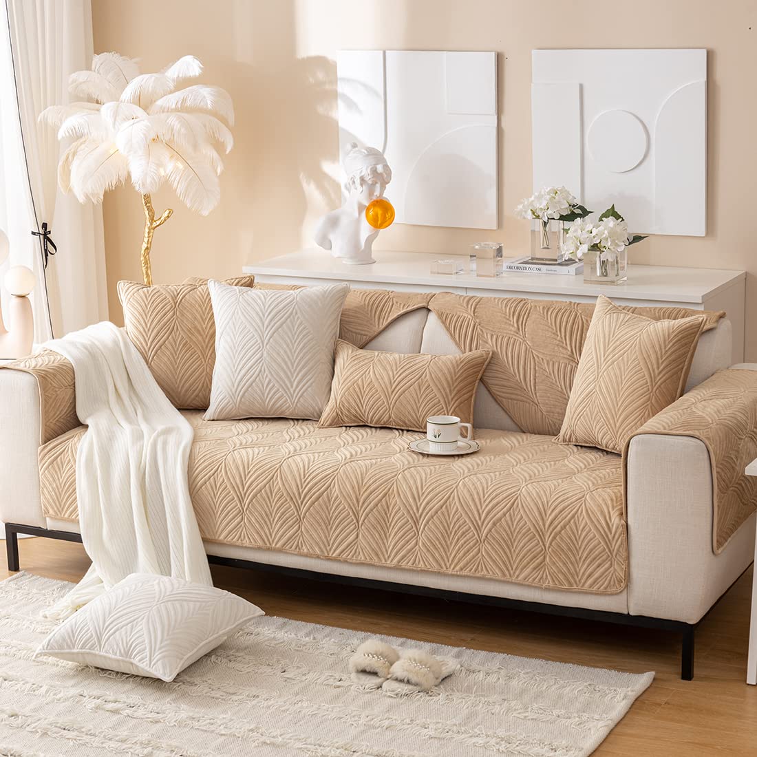 VCTOPS Super Soft Velvet Quilted Sofa Cover - Non-Slip Sectional Couch Protector with Leaf Pattern, Plush Furniture Slipcover for Living Room, Pets & Kids (Camel, 43