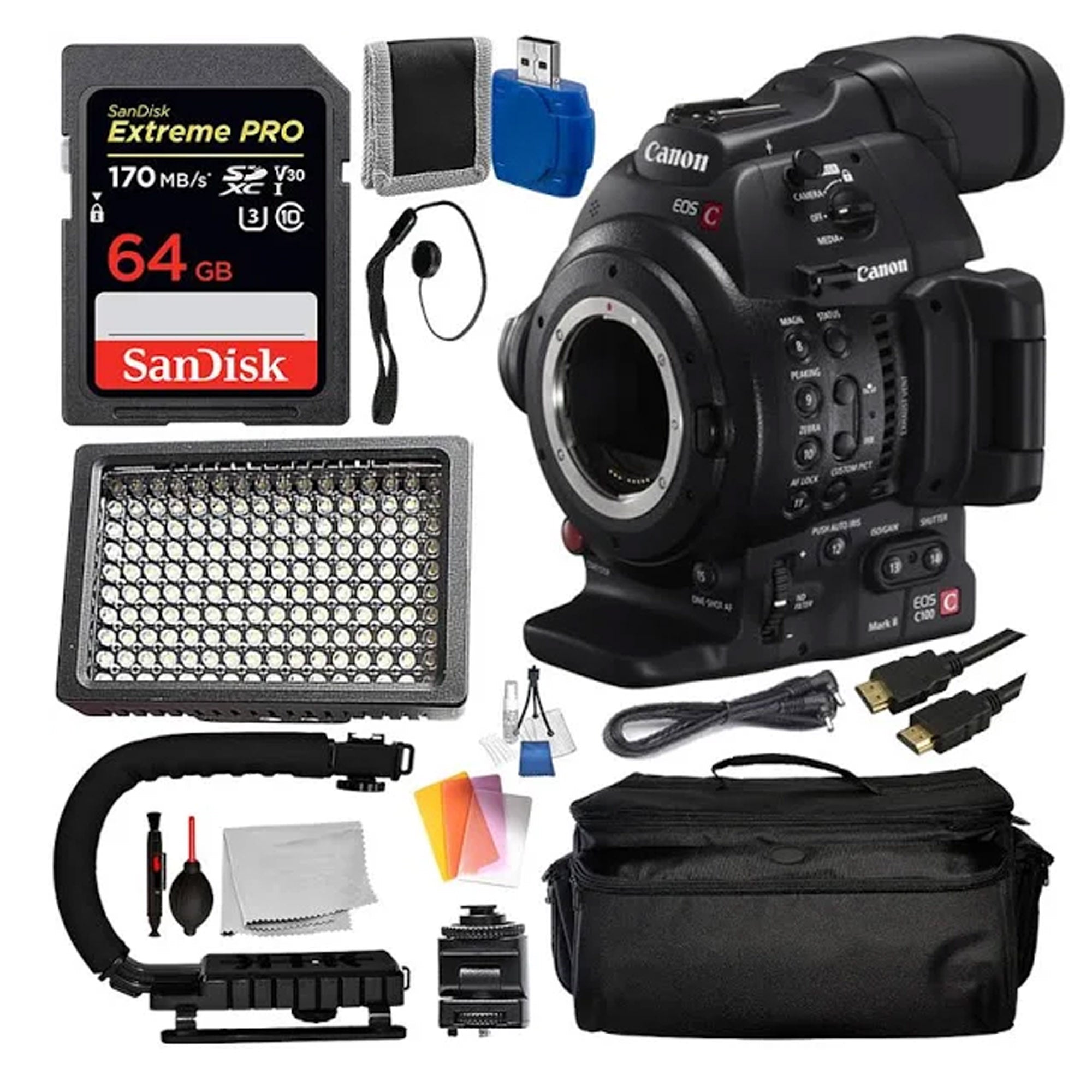 Canon EOS C100 Mark II 4K Cinema Camera with Dual Pixel CMOS AF | Professional Video Camera Body | Includes Sandisk Extreme Pro 64GB, LED Light & Large Case - Perfect for Filmmaking, Documentary Shooting & Studio Productions