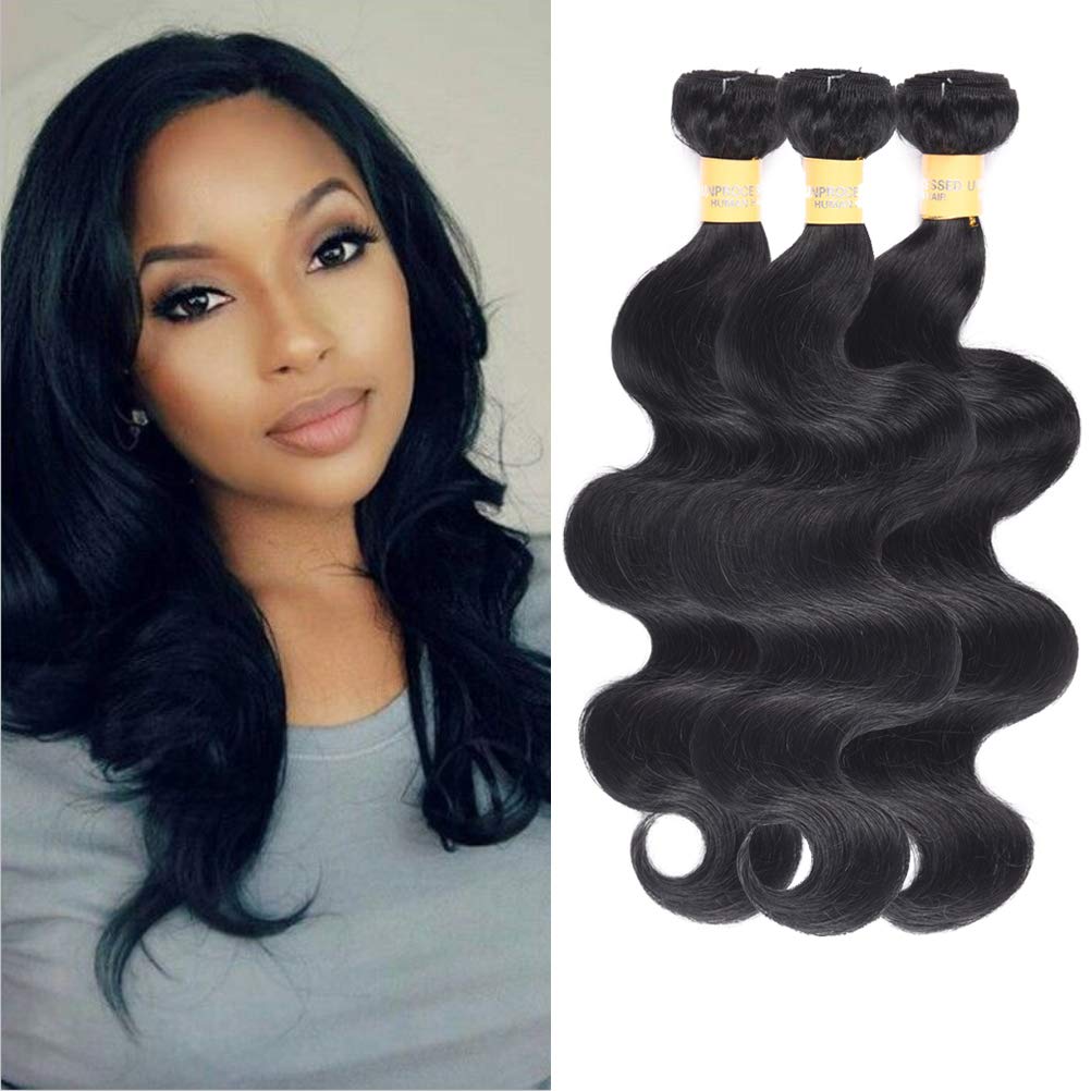 Premium 100% Virgin Peruvian Human Hair Bundles - Natural Black Body Wave Hair Weaves (3 Bundles, 9A Quality) - 14