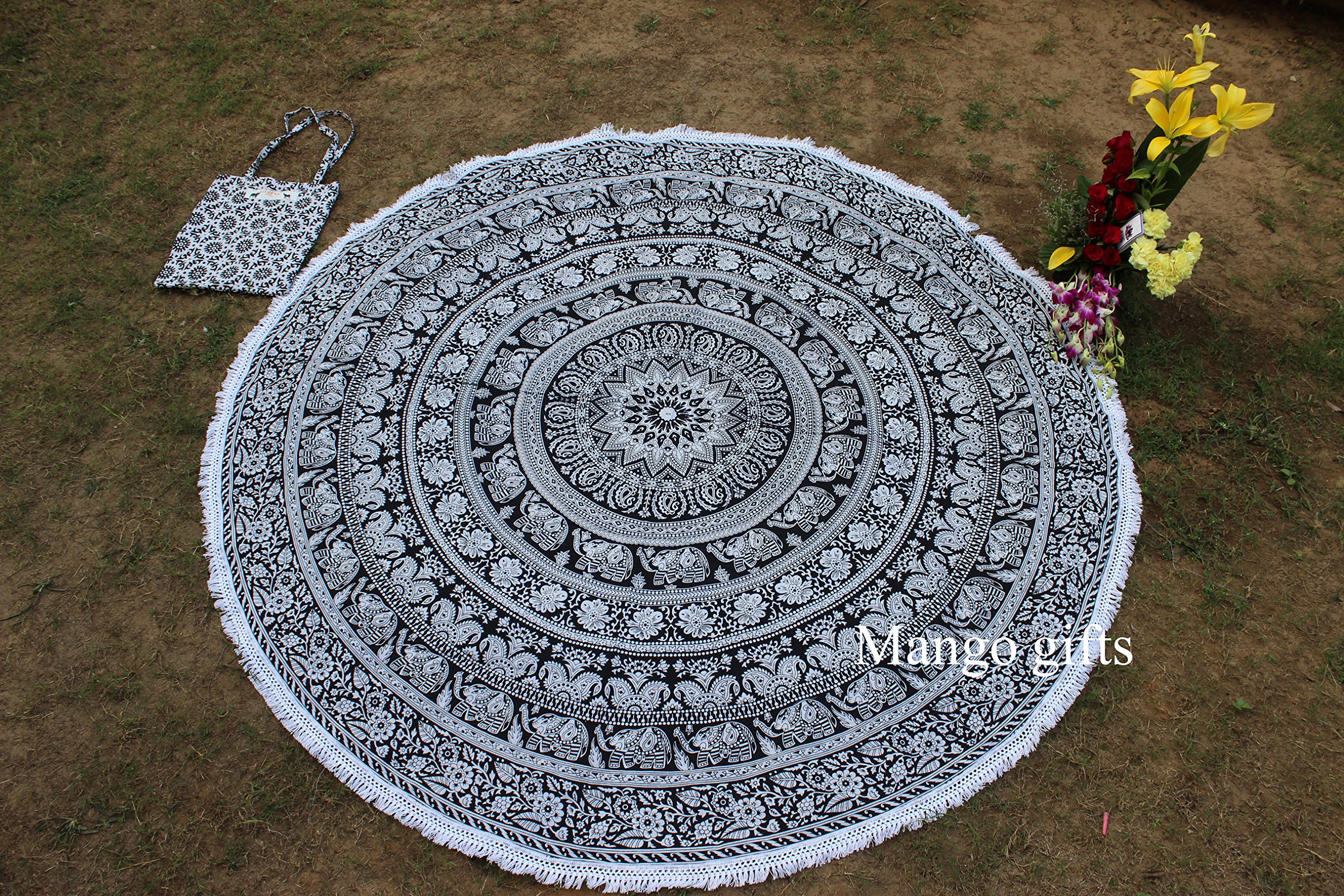 Elephant Mandala Round Beach Throw Blanket - Indian Tapestry with Carry Bag for Yoga, Meditation & Bohemian Home Decor | Hippie Style Outdoor Picnic, Festival & Travel Accessory by Mango Gifts