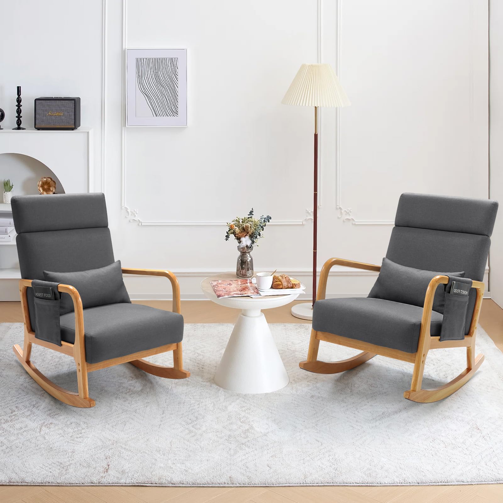 Solid Wood Rocking Chair Nursery Glider with Pillow & Side Pocket - High Back Nursing Chair for Bedroom & Living Room (Set of 2, Grey) | Perfect for Breastfeeding, Reading & Relaxing