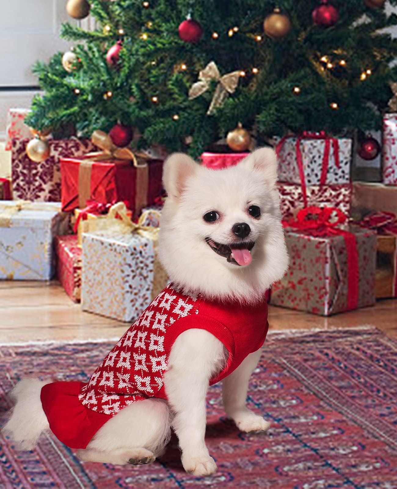 Dog Red Sweater Dress with Leash Hole - Soft Warm Plaid Pet Clothes Outfit for Small & Medium Dogs | Perfect for Winter Walks, Holiday Photos & Indoor Cozy Wear (Red, Medium)