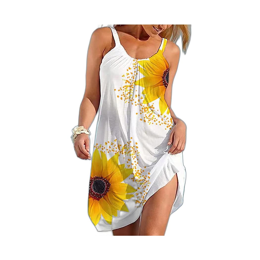 Women's Floral Strap Mini Dress - Sleeveless Sunflower Print Summer Casual Dress for Beach, Party & Vacation | Trendy 2021 Fashion