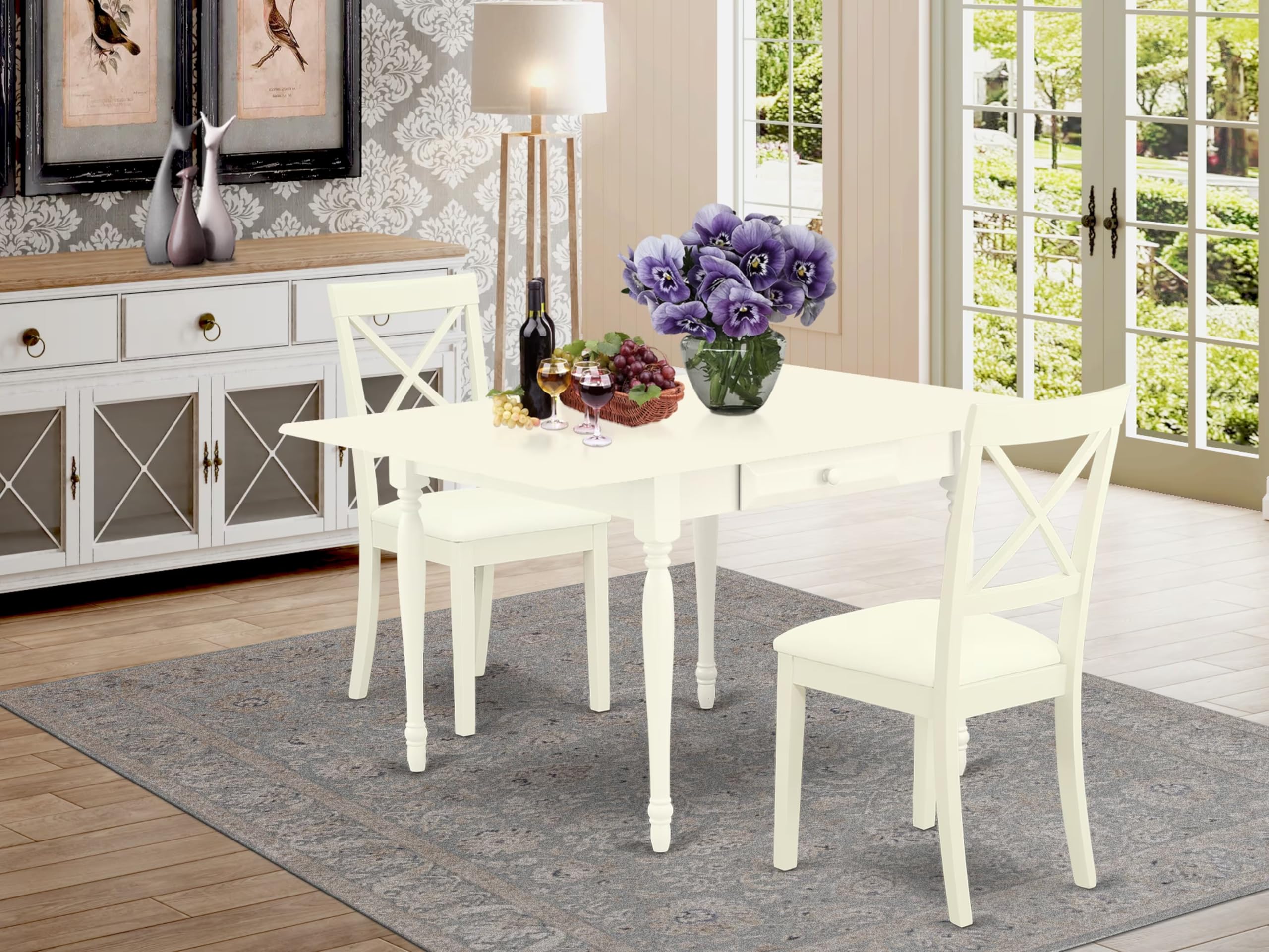 East West Furniture 3-Piece Dining Room Table Set with Drop Leaf Kitchen Table & 2 Faux Leather Chairs, 36x54 Inch, Linen White - Perfect for Small Spaces, Breakfast Nooks & Cozy Apartment Dining