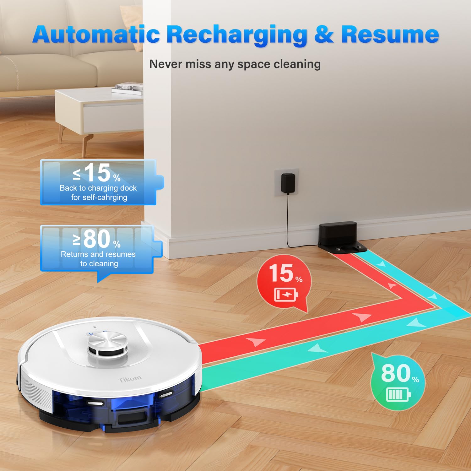 Tikom L8000 Robot Vacuum and Mop with Laser LiDAR Navigation - 150Mins Runtime, Ultra-Quiet 45dB, 14 No-Go Zones & 20 Virtual Walls - Self-Charging for Pet Hair, Carpets & Hard Floors (White) - Perfect for Large Homes with Pets & Multi-Surface Cleaning