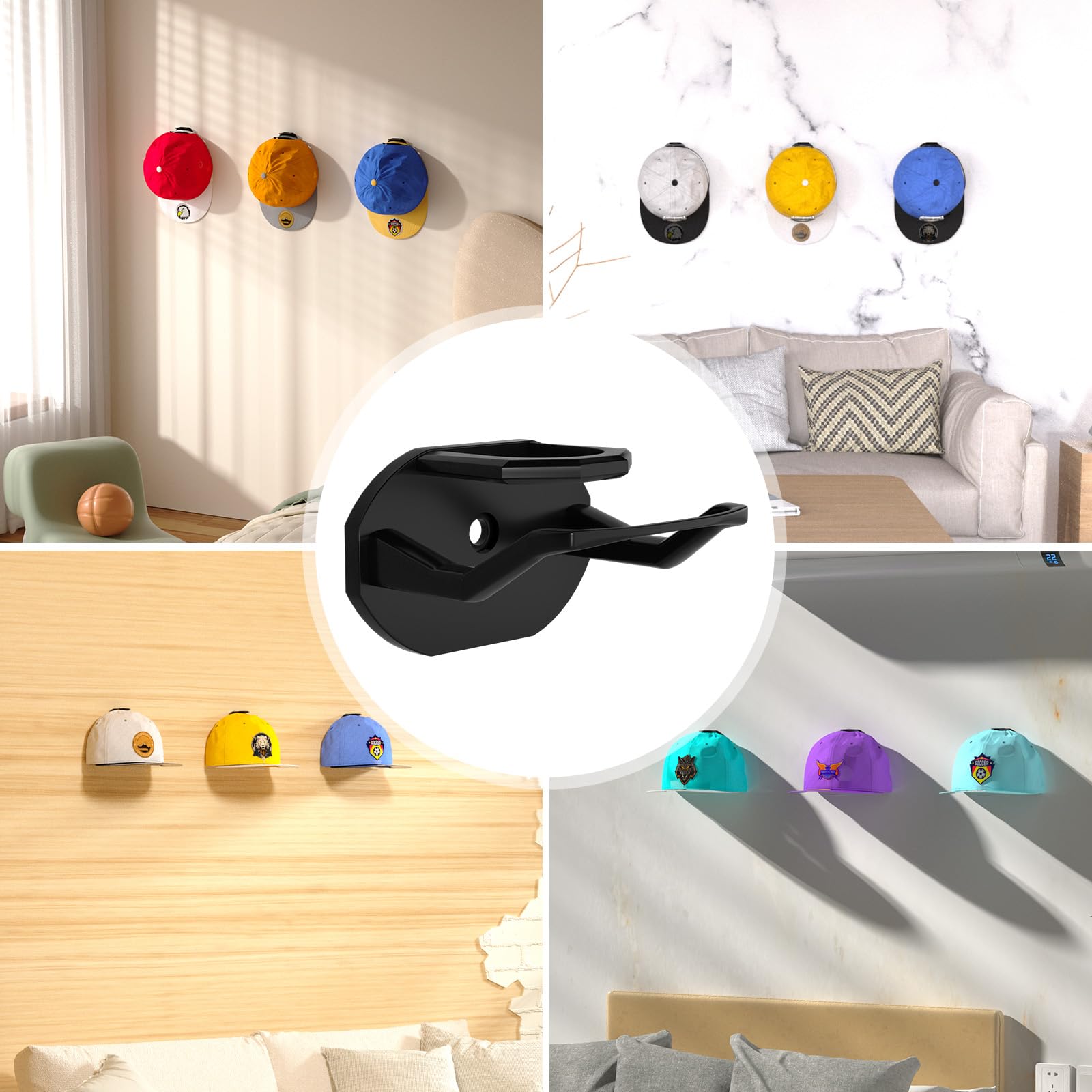 22 Pack Heavy Duty Adhesive Hat Hooks - No Drill Wall Mount Baseball Cap Organizer Rack for Closet, Door & Home Decor | Strong Hat Display Hanger for Caps & Accessories | Perfect for Bedroom, Office & Entryway Organization (Black, USA Patented)