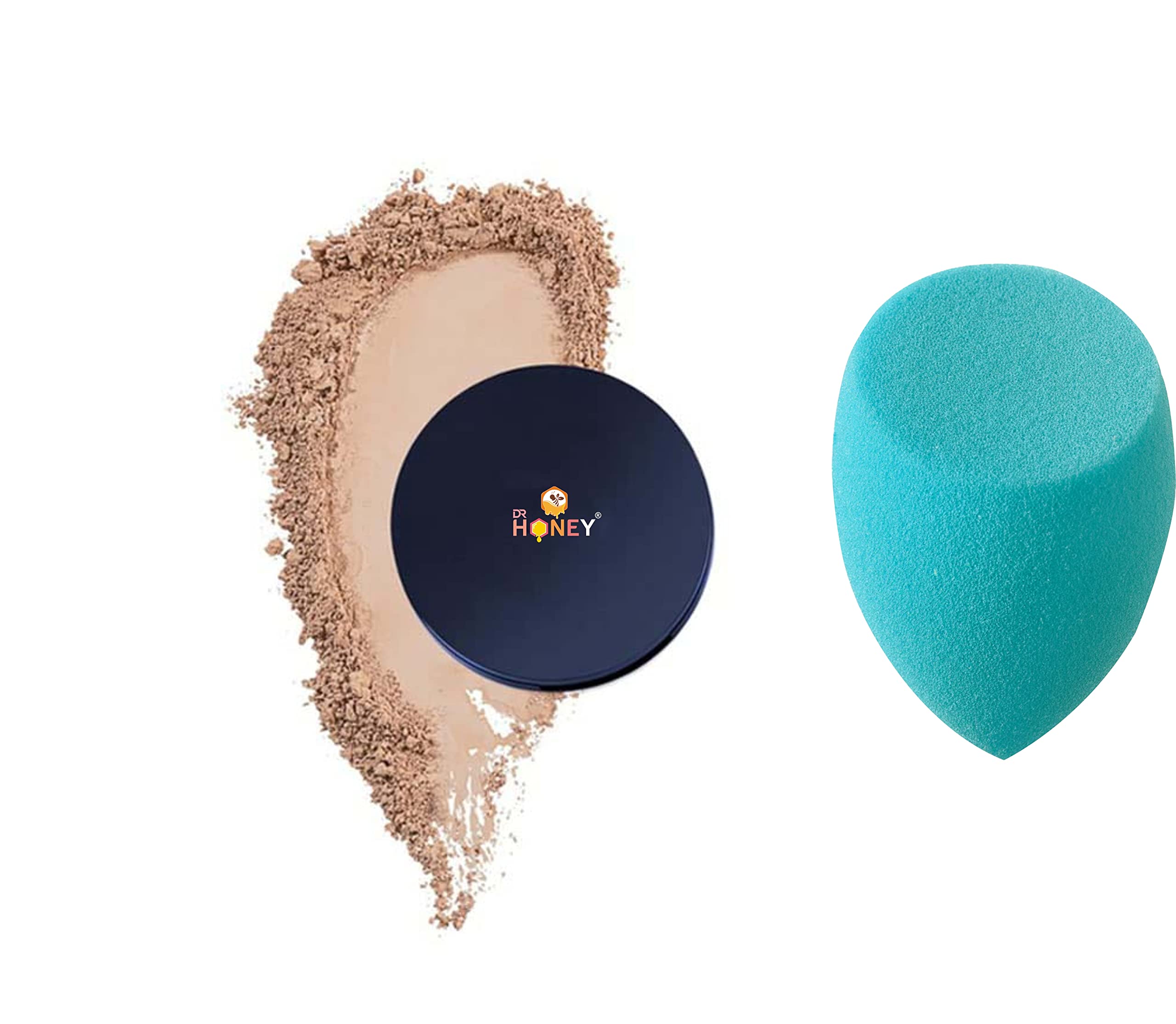 DR HONEY Compact Powder - Full Coverage, Blendable Pressed Powder for Normal to Oily Skin, Warm Nude Shade 128 | Includes Makeup Sponge & Beauty Blender | Perfect for Everyday Wear, Touch-Ups & On-the-Go Makeup Application