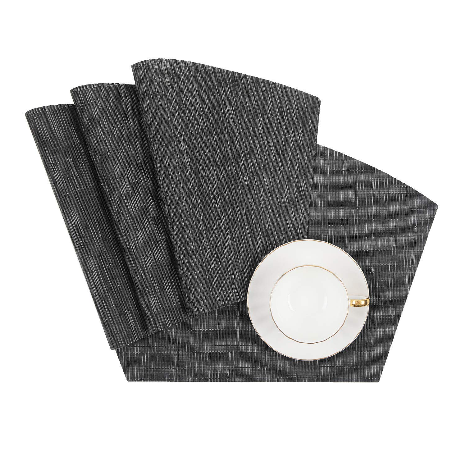 SHACOS 4-Pack Round Wedge Placemats - Non-Slip Heat Resistant Vinyl Table Mats for Indoor & Outdoor Use - Wipe Clean & Durable (Black Gray) - Perfect for Dining Tables, Patio Furniture, and Kitchen Countertops
