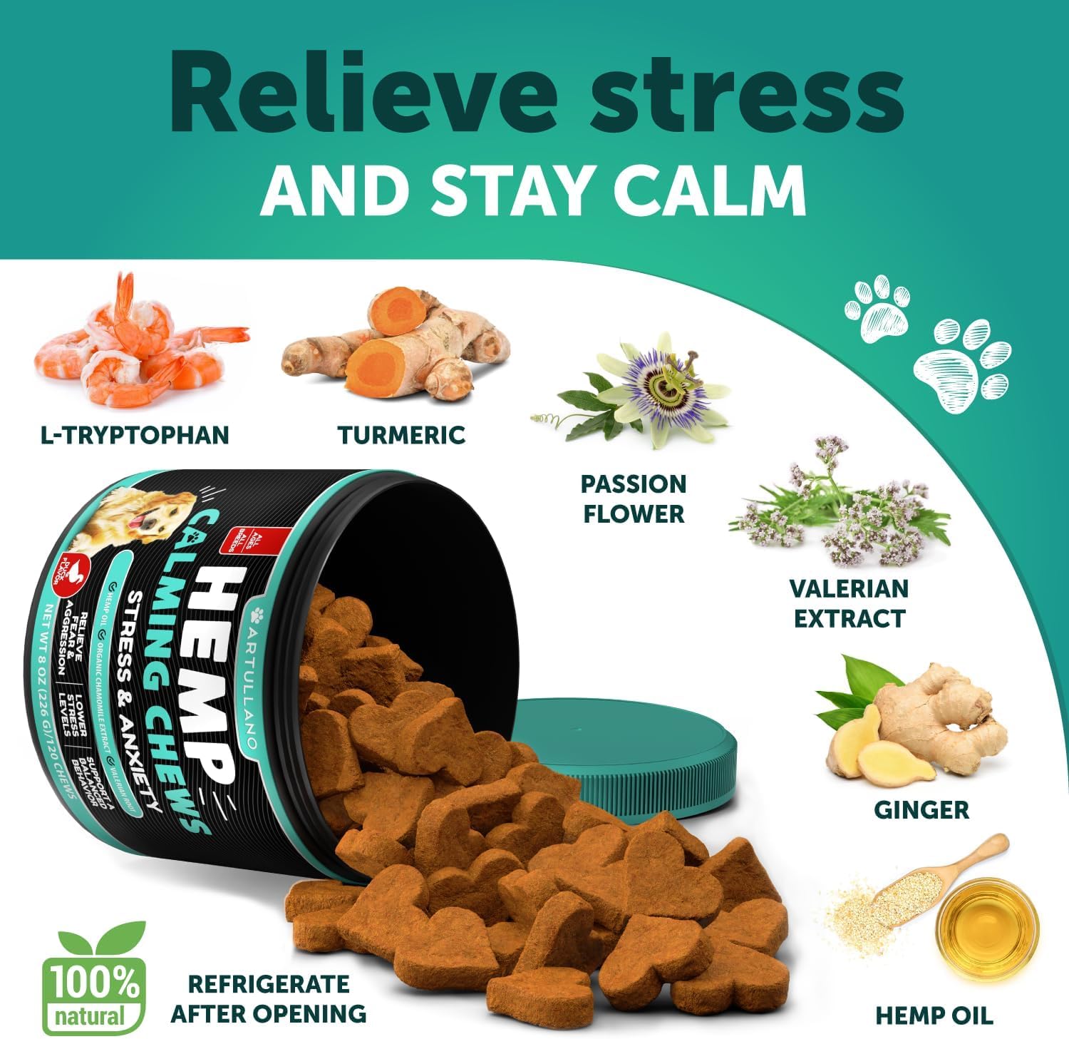Organic Hemp Calming Chews for Dogs - Natural Anxiety Relief Treats with Hemp Oil, Turmeric & Valerian Root - Stress & Joint Support Supplement for Anxious Dogs - 120 Chews - Perfect for Travel, Storms & Separation Anxiety