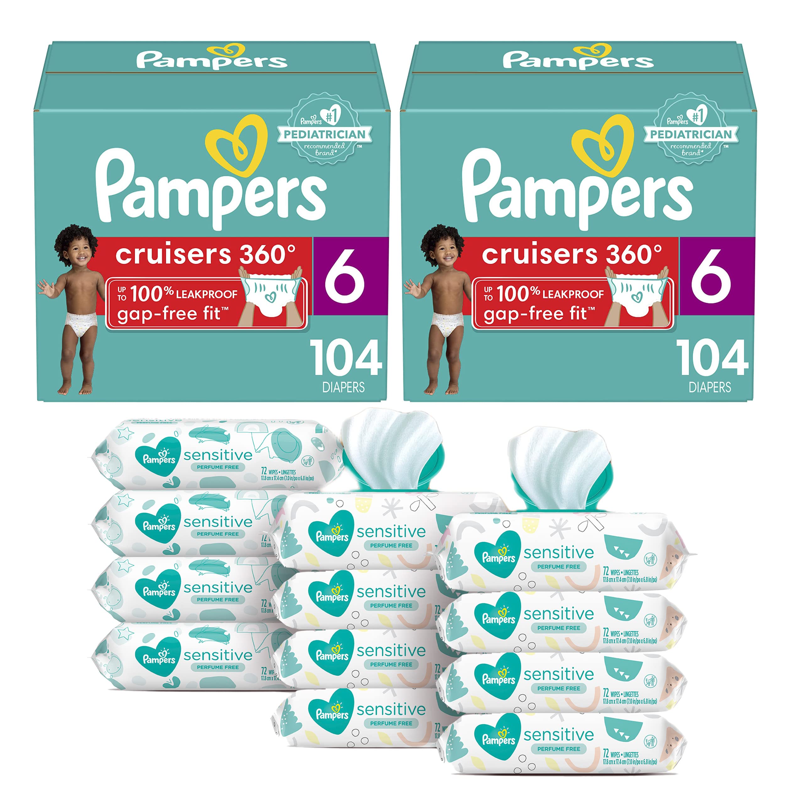 Pampers Cruisers 360° Fit Diapers Size 6 (2 x 104 Count) & Sensitive Baby Wipes (12 Packs, 864 Count) - 2 Month Supply, Stretchy Waistband for Active Babies | Daycare, Overnight Protection & On-the-Go Changes