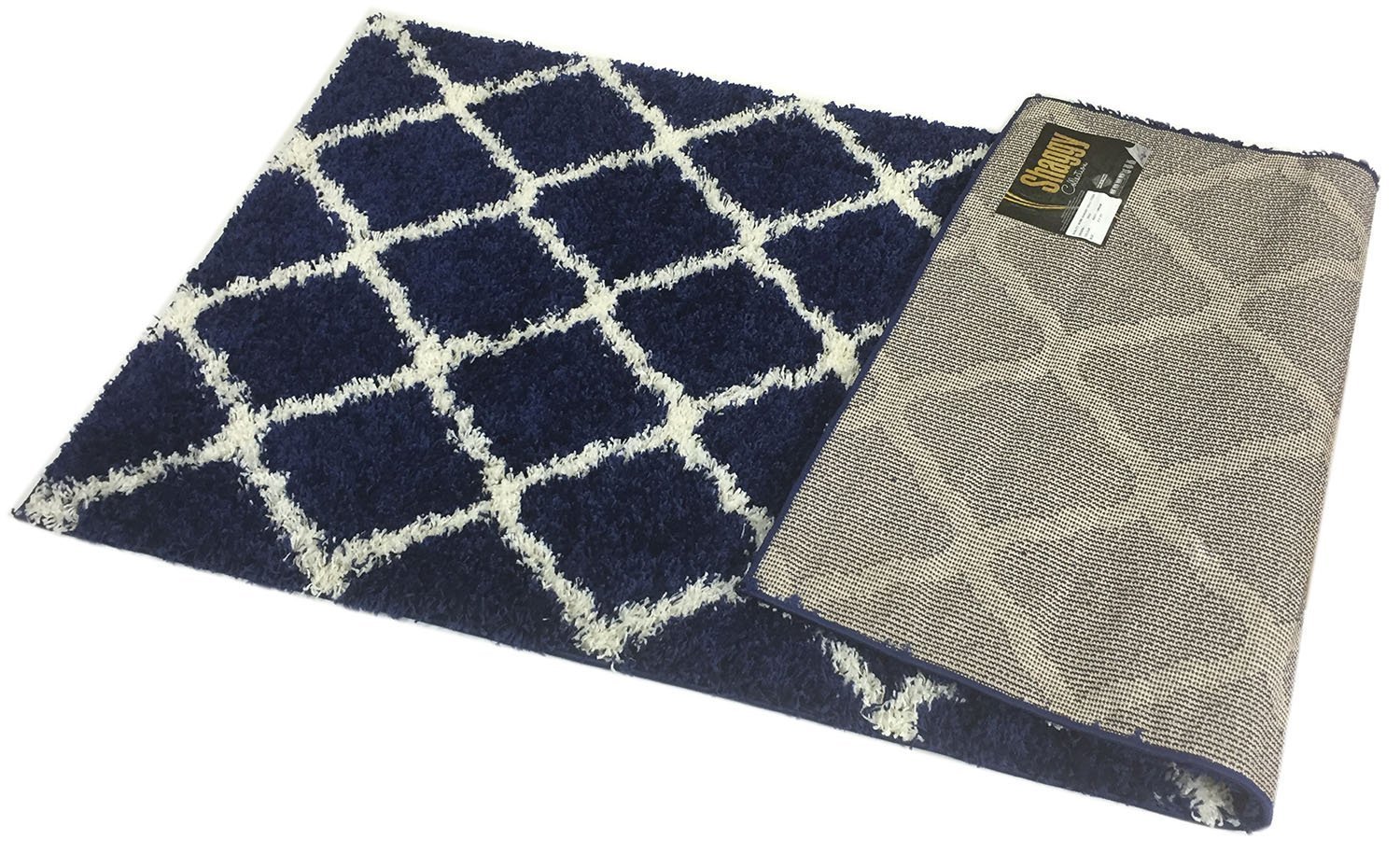 Navy Blue Trellis Shag Area Rug - Soft Shaggy Collection for Living Room, Bedroom - 3'3