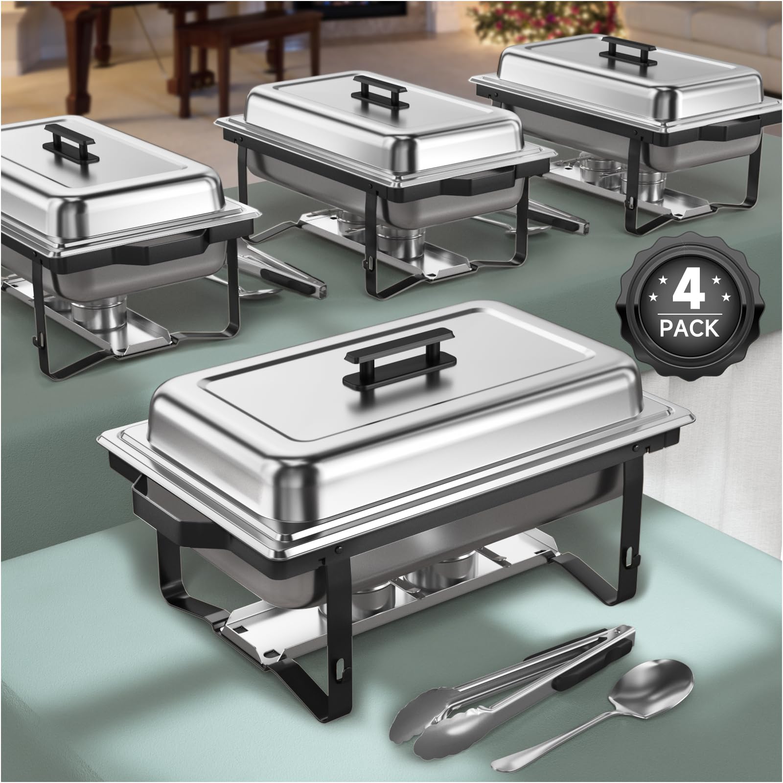 4-Pack 9.5QT Stainless Steel Chafing Dish Buffet Set with Gray Handles - Professional Catering & Buffet Serving Equipment for Parties, Weddings, and Events (Black)