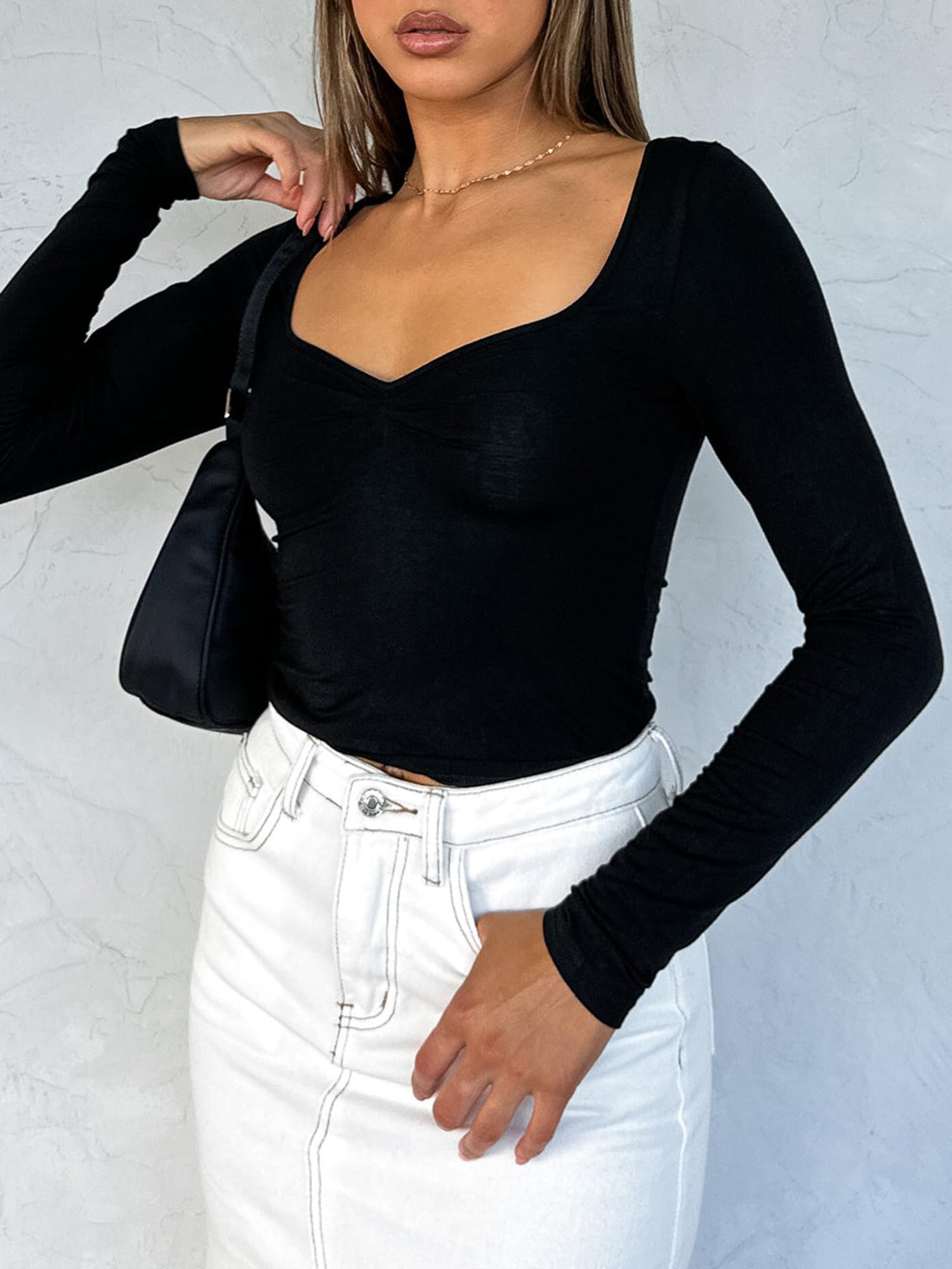 ForeFair Women's Sexy Long Sleeve Bustier Top with Sweetheart Neck & Pleated Detail | Y2K Cropped Shirt for Clubbing, Date Night & Party Outfits