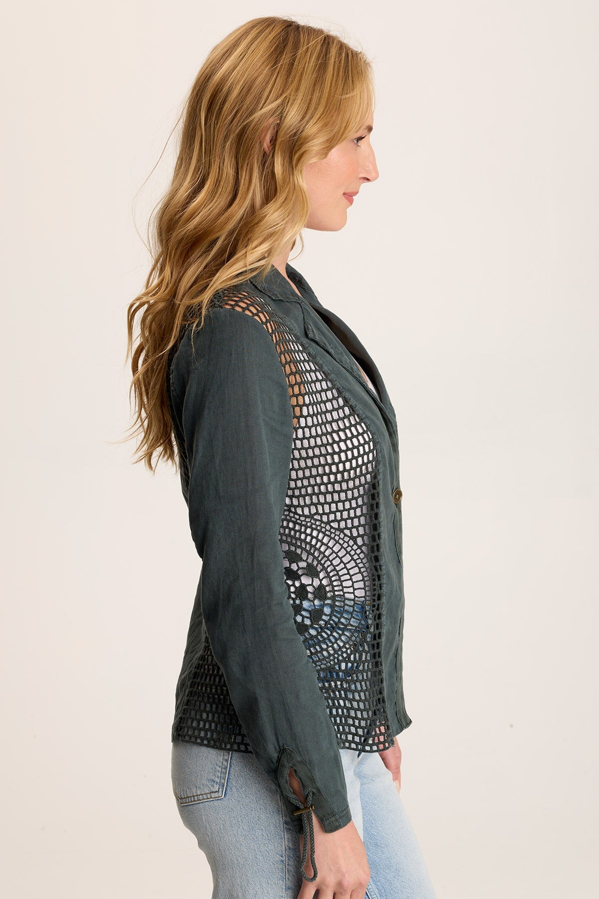 Contessa Women's Linen Blazer with Crochet Insets - Lightweight Summer Jacket for Office, Weddings & Special Occasions