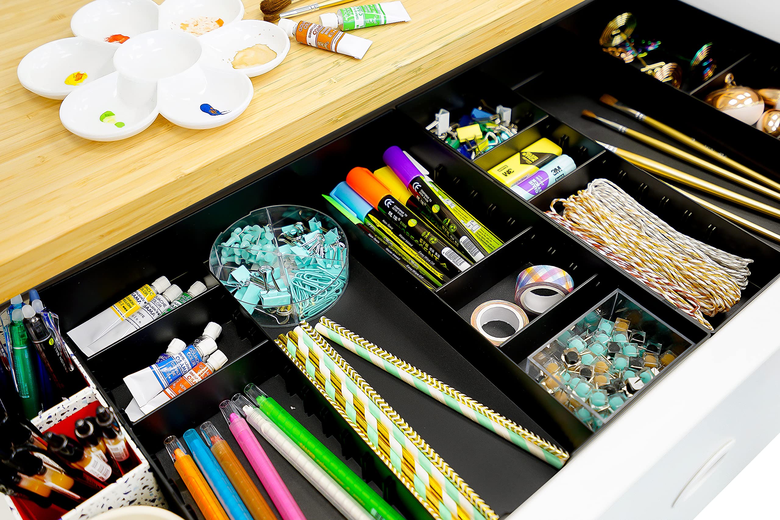 CAXXA 3-Slot Drawer Organizer with 4 Adjustable Dividers - 7 Compartment Storage Box for Makeup, Office Supplies & Vanity Accessories (Black, 2-Pack) | Perfect for Bedroom, Bathroom & Desk Organization