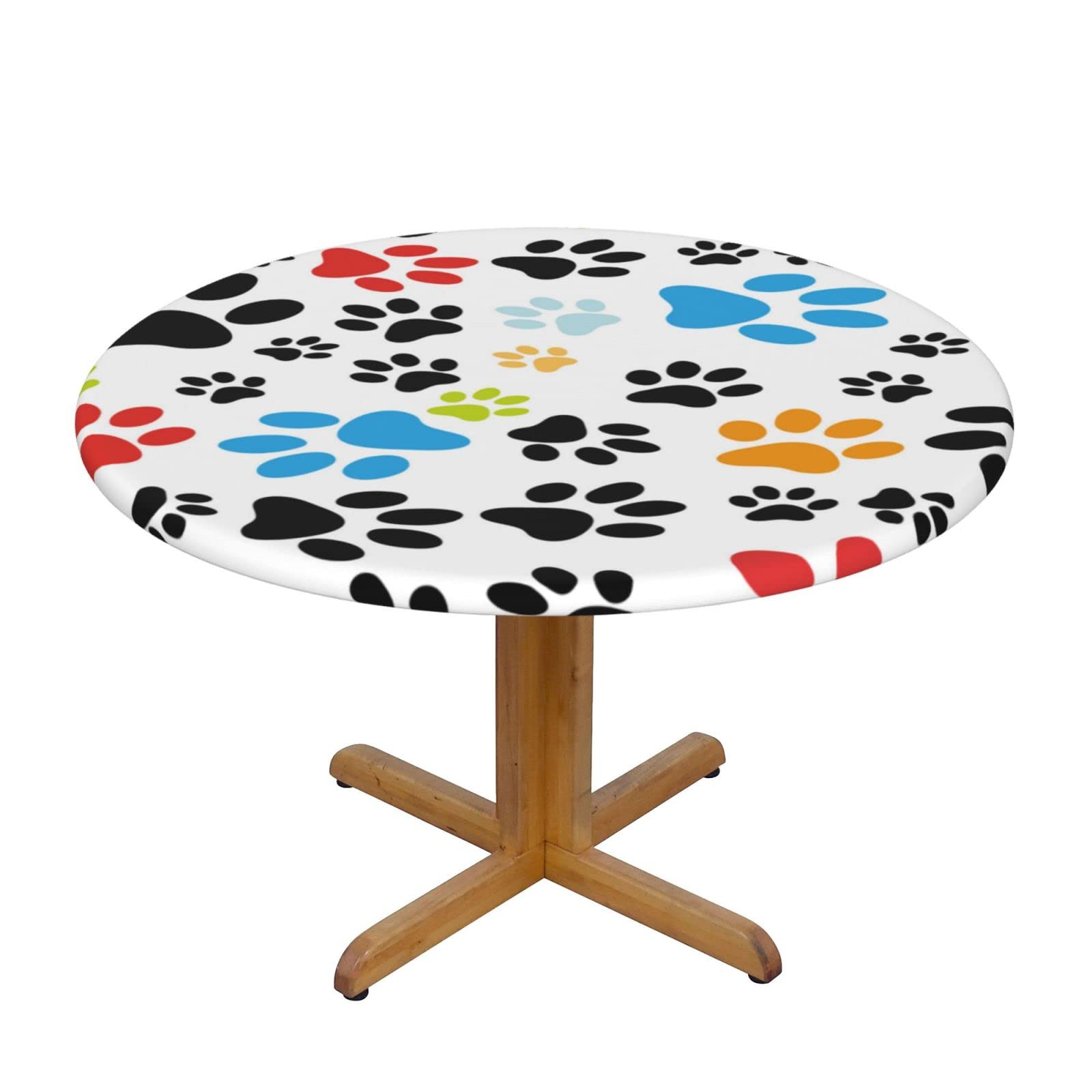 Waterproof Elastic Edge Round Tablecloth with Dog & Cat Paw Prints - Wipeable Kitchen Dining Table Cover for Home, Patio, Party (Fits 40''-44'' Diameter Tables) - Perfect for Pet Lovers' Gatherings & Everyday Use