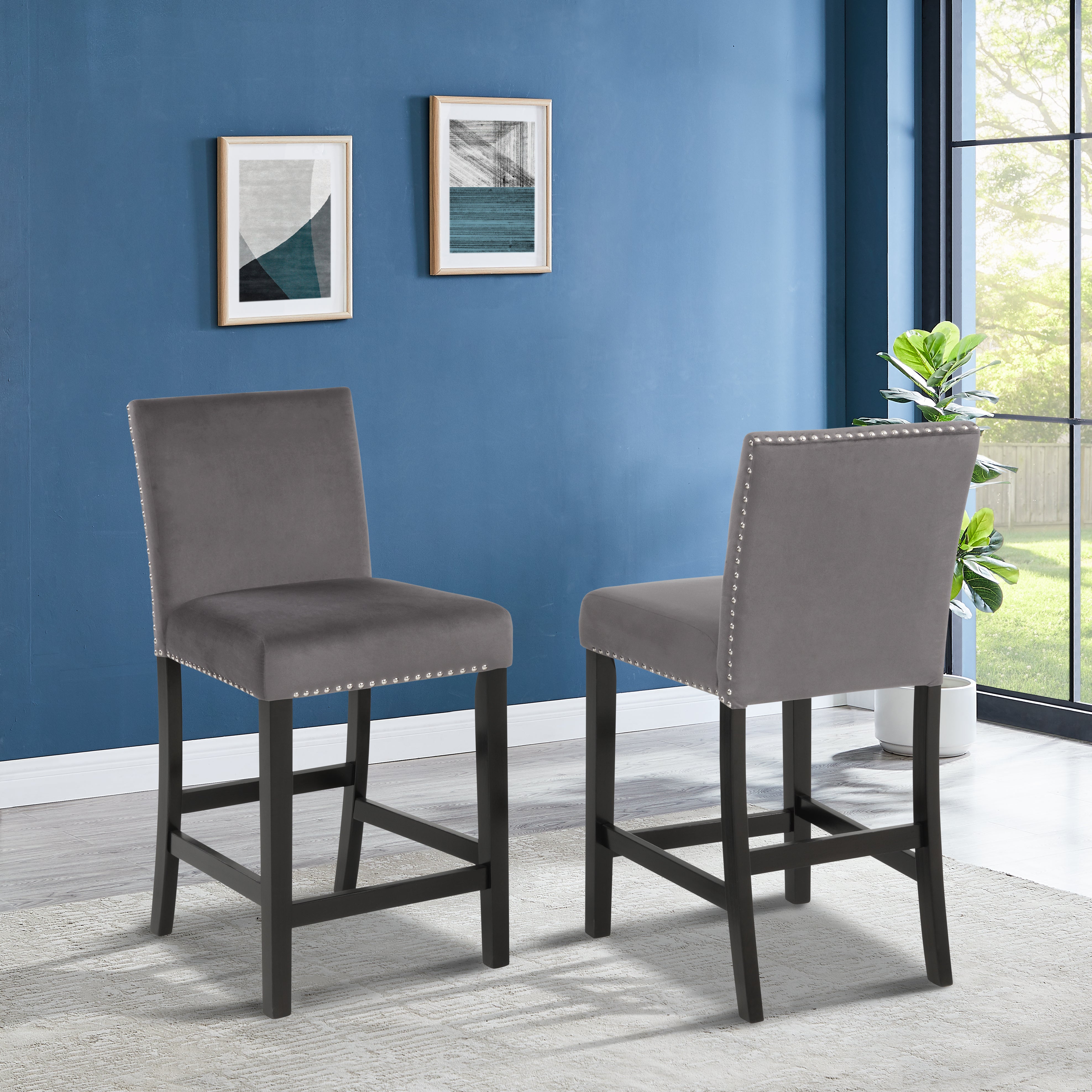 Roundhill Furniture Cobre Contemporary Velvet Counter Stool with Nailhead Trim - Set of 2 Bar Stools, Gray Velvet Upholstery, Modern Kitchen Island Seating for Dining Room, Bar or Breakfast Nook