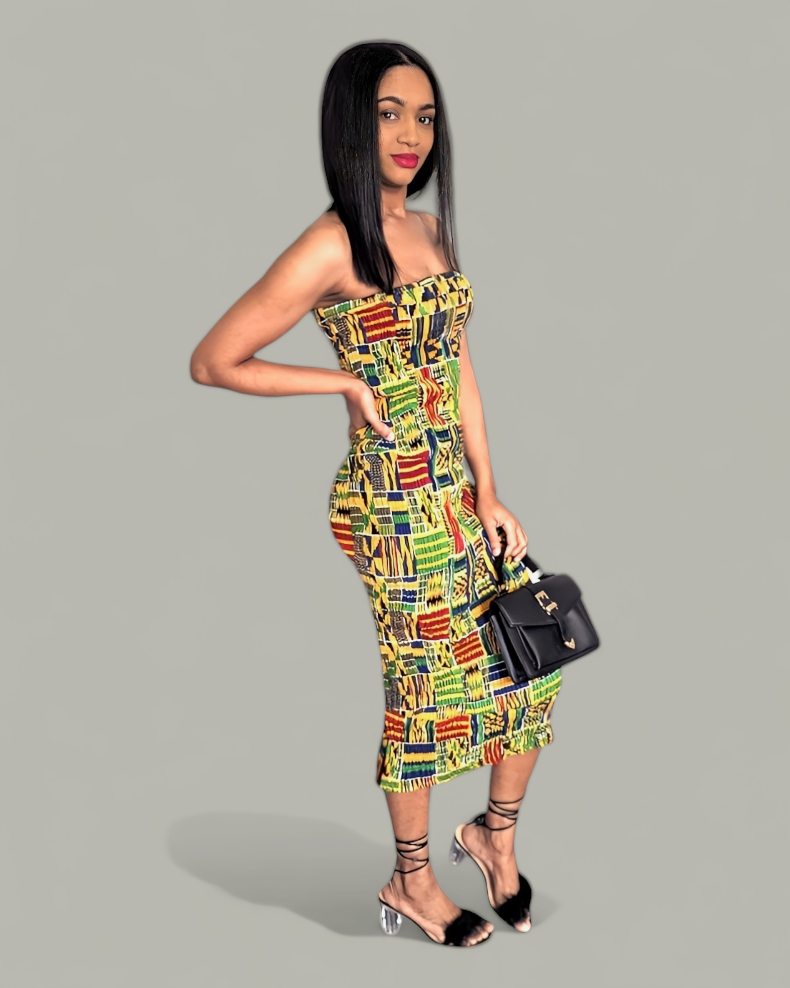 Elegant African Print Kente Strapless Dress with Side Slit | Dupsie's Asantewaah Majesty DP4075SD | Perfect for Weddings, Parties & Cultural Events