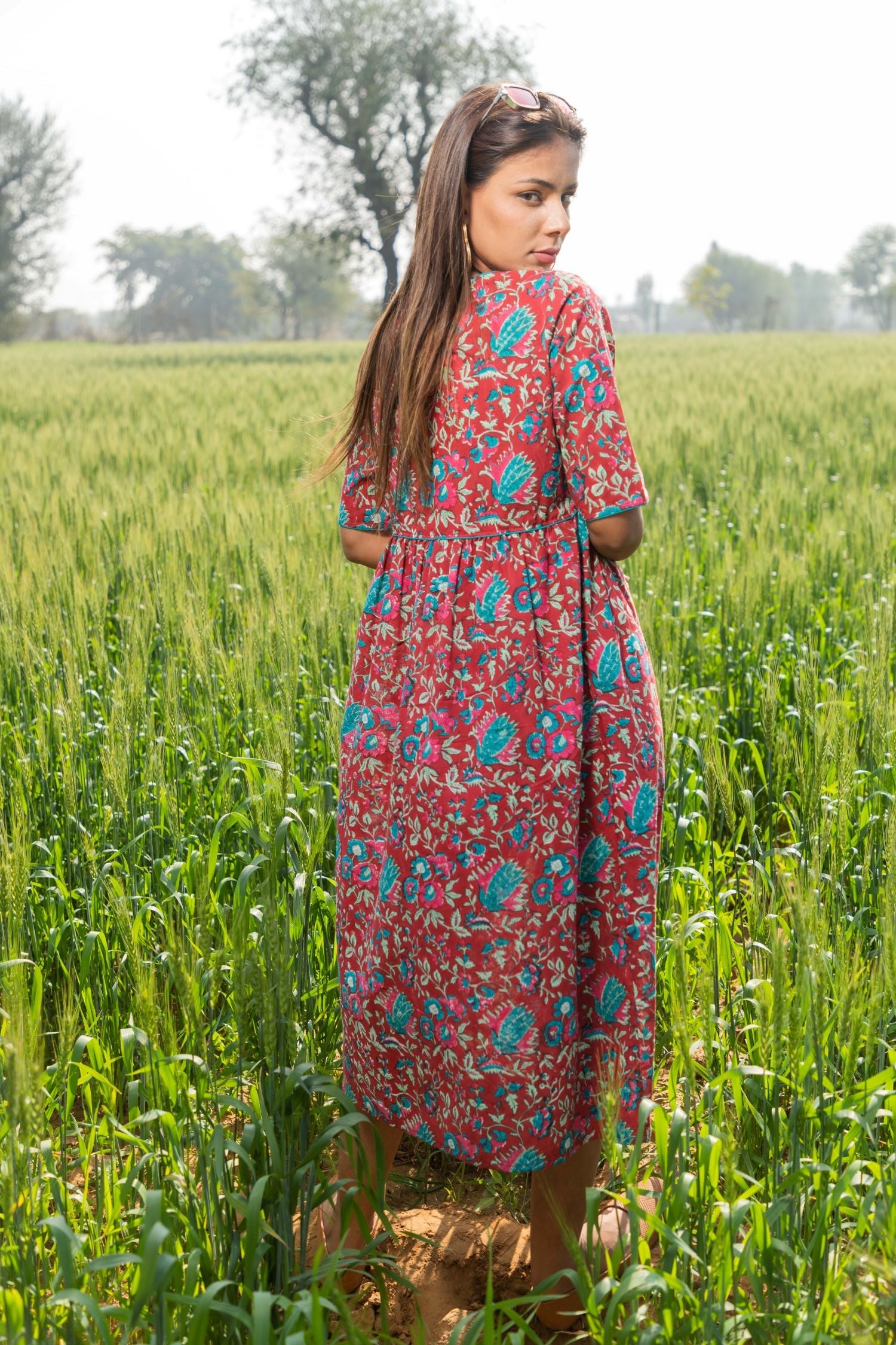 Azofree Handblock Printed Pure Cotton Dress - 'Scarlet Bee Balm' Floral Design by Sootisyahi | Breathable & Comfortable for Summer Outings, Beach Vacations & Boho Fashion