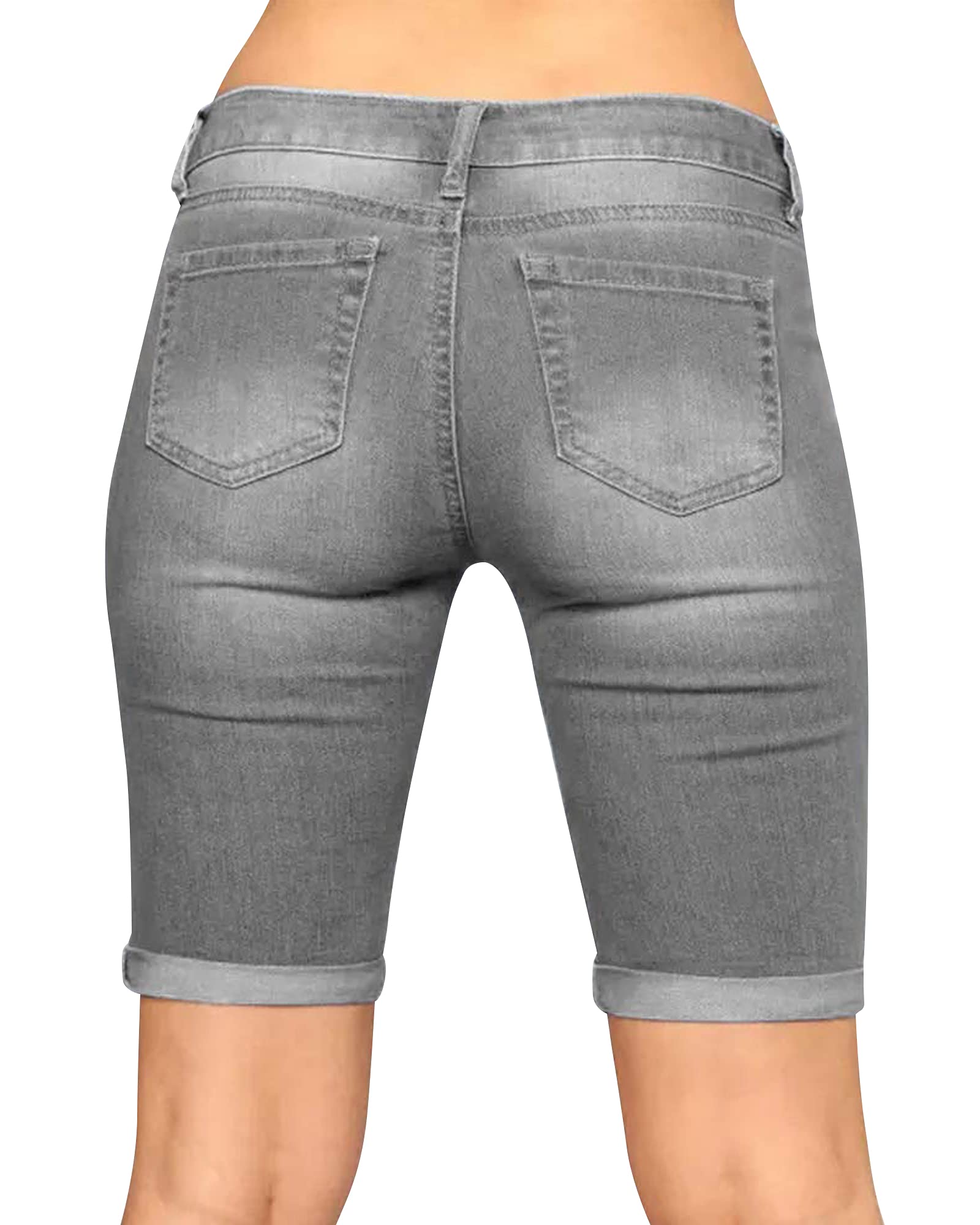 Roswear Women's Distressed Denim Shorts - Stretchy Ripped Knee-Length Jean Shorts for Summer Casual Wear, Beach Outings & Street Style Fashion