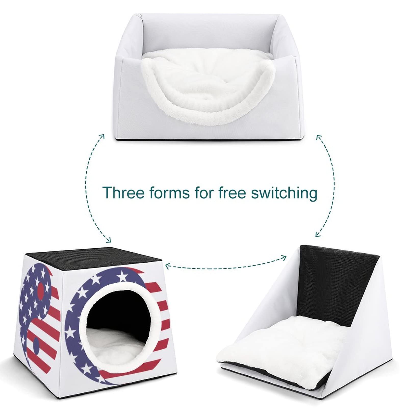 3-in-1 Cat House with USA Flag & Taichi Print - Indoor/Outdoor Cat Bed, Sofa & Shelter for Kitties | Perfect for Home, Patio & Travel Use