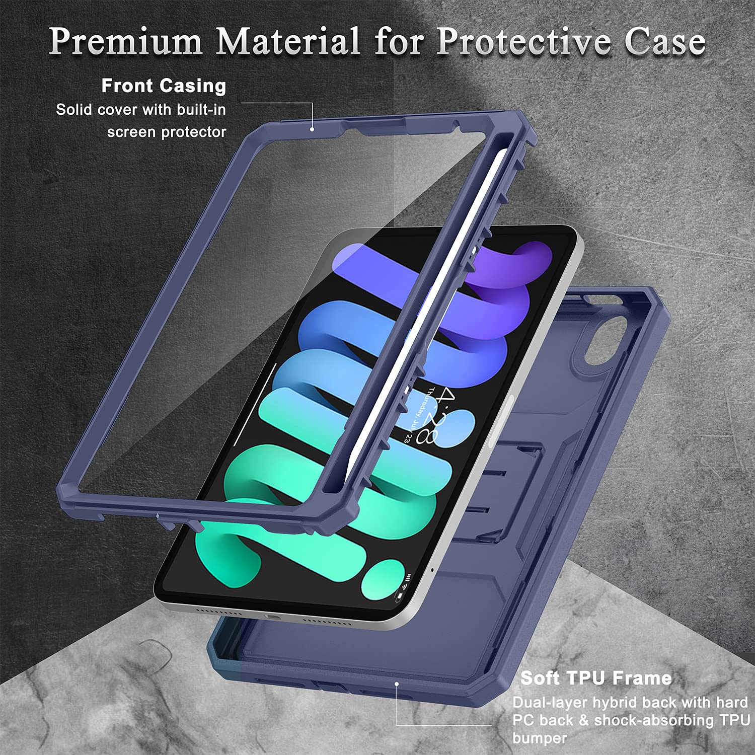 Soke Rugged Shockproof Case for iPad Mini 6th Generation (2021) 8.3 Inch - Built-in Screen Protector, Pencil Holder & Kickstand - Navy Blue | Perfect for Travel, Work & School Protection