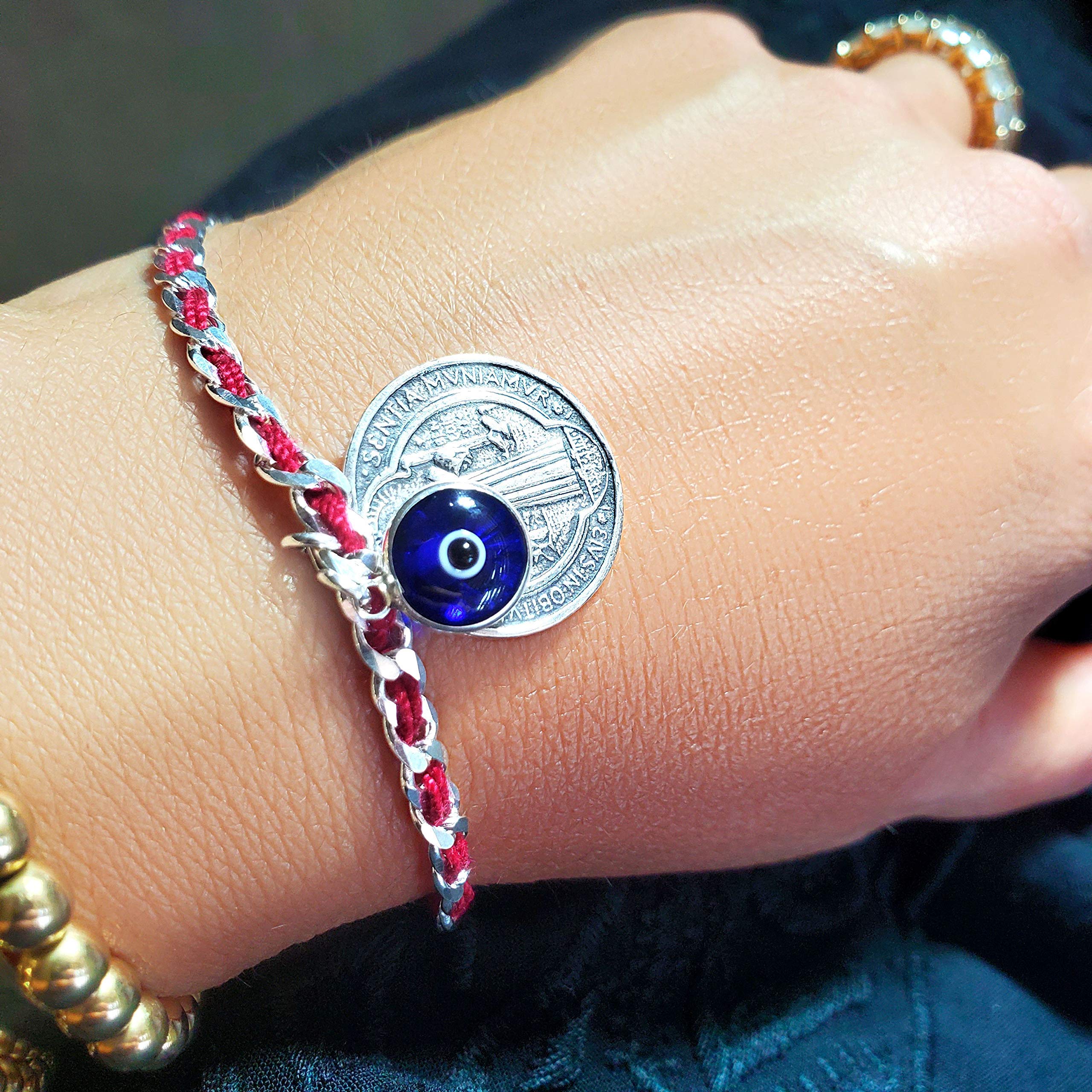 Saint Benedict Red String & Blue Evil Eye Protection Bracelet in Sterling Silver - Spiritual Jewelry for Good Luck & Warding Off Negativity